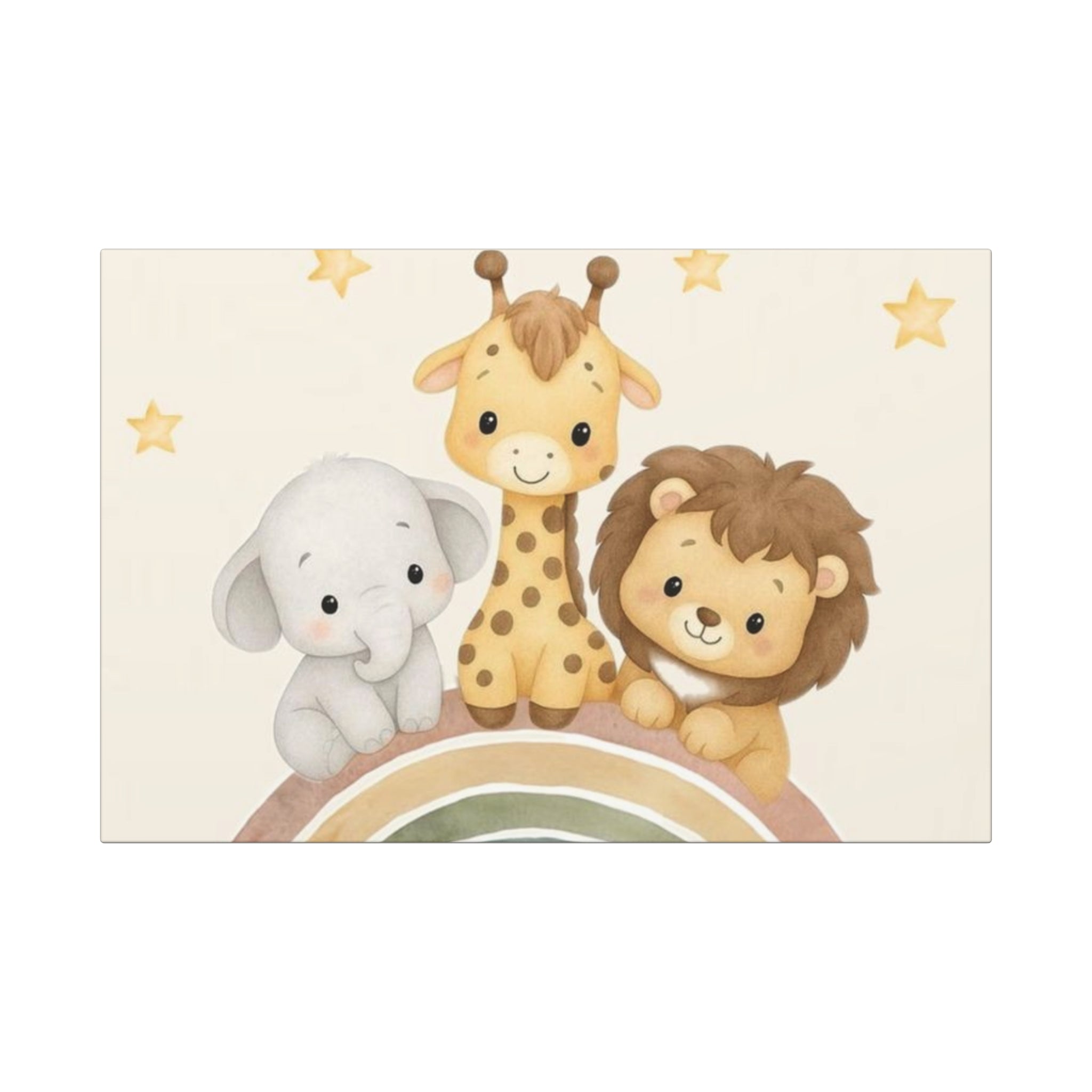 Nursery Rainbow Animal Canvas Wrap — Baby Elephant, Giraffe & Lion Wall Art
