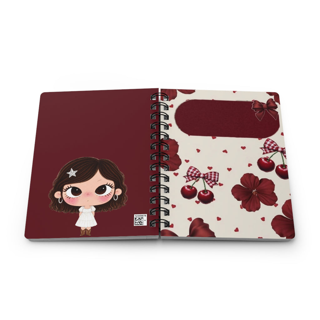 Kawaii Brown-Haired Girl Spiral Journal | Cherry Floral Pattern Spiral Journal