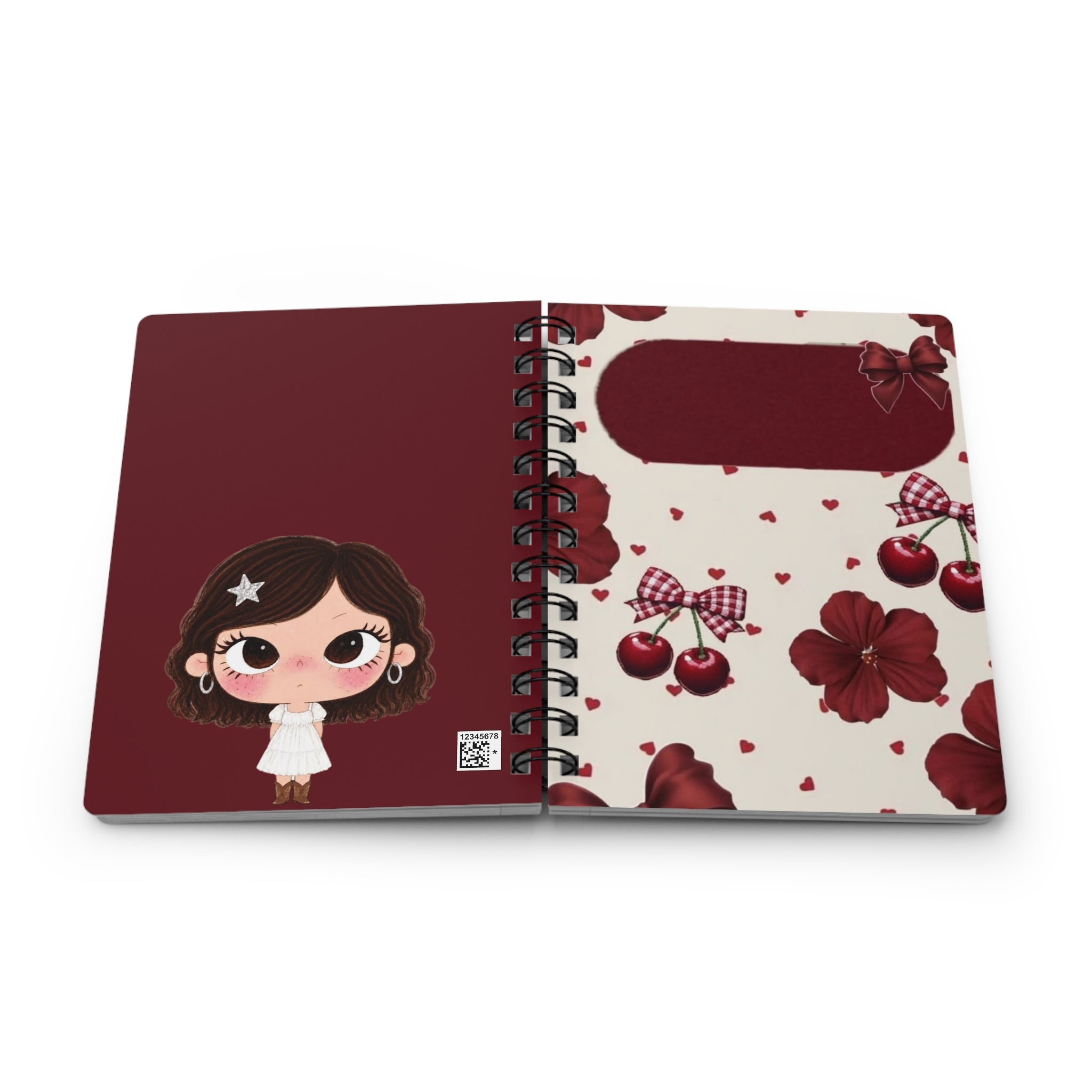 Kawaii Brown-Haired Girl Spiral Journal | Cherry Floral Pattern Spiral Journal