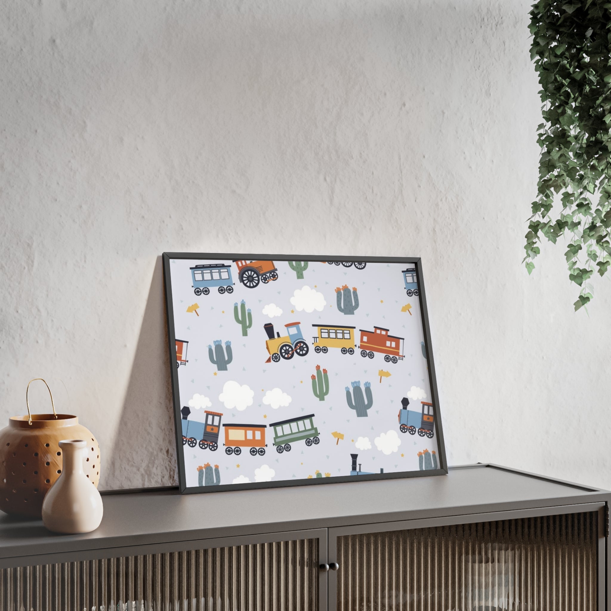 Kids' Train Poster with Wooden Frame — Nursery Wall Art, Playroom Decor