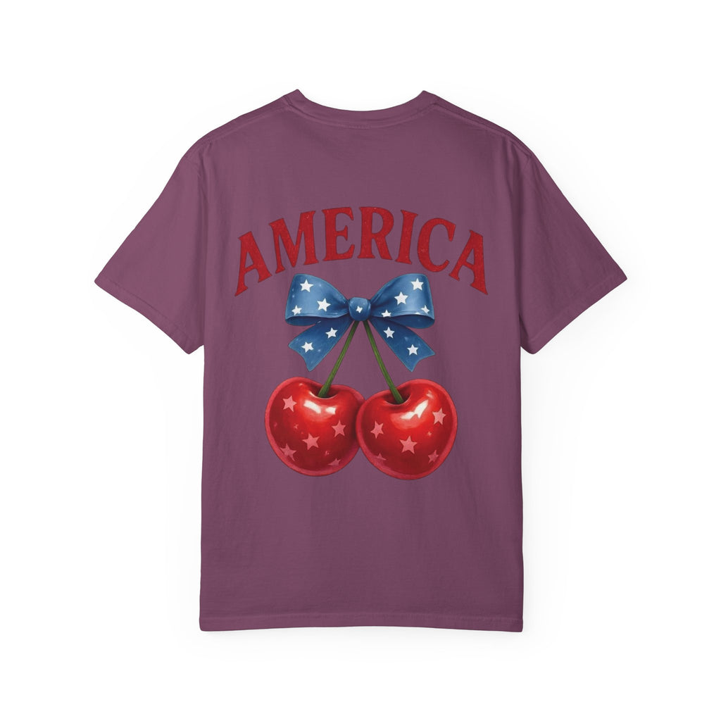 America Cherry Bow T-shirt | Patriotic Stars & Stripes Cherry Design