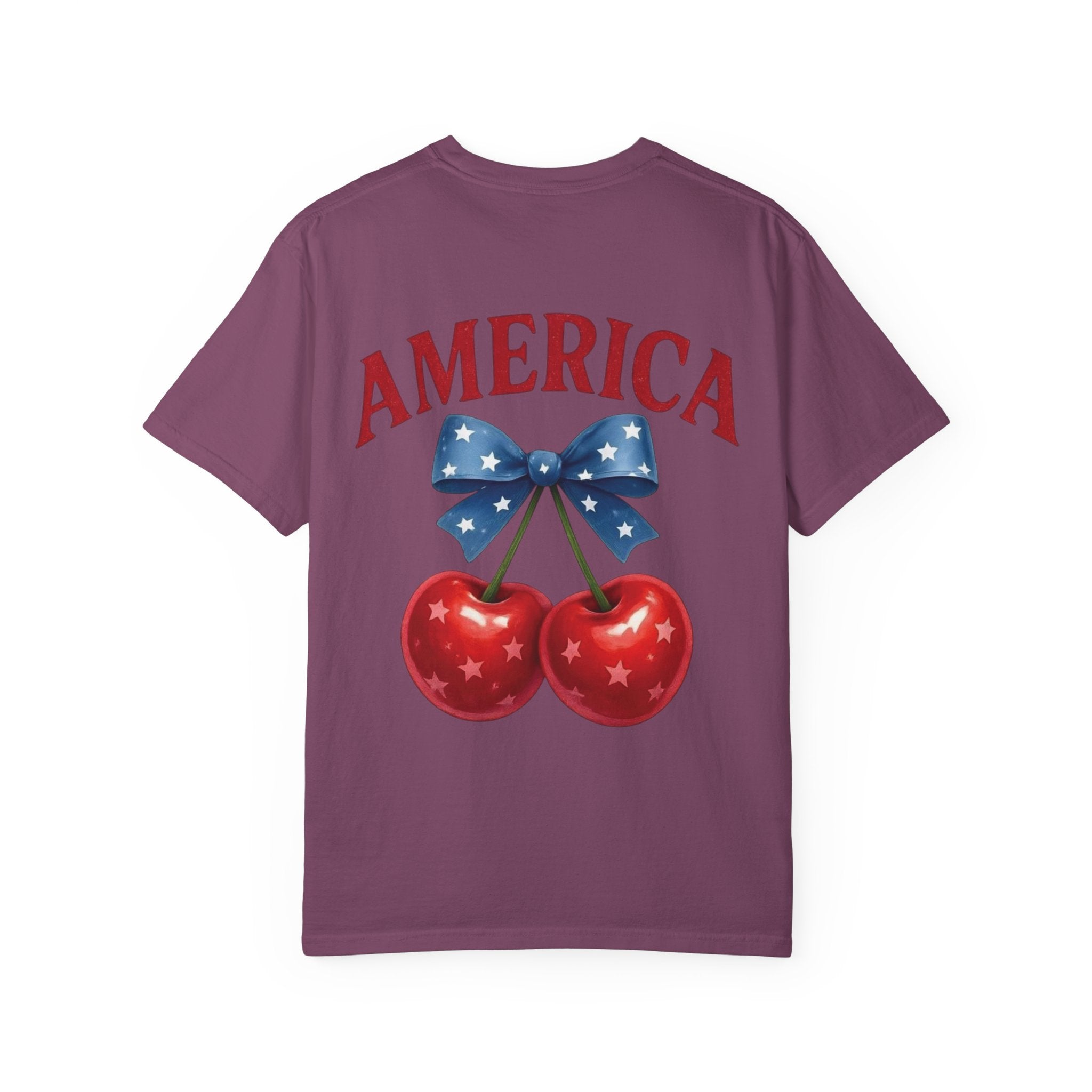 America Cherry Bow T-shirt | Patriotic Stars & Stripes Cherry Design