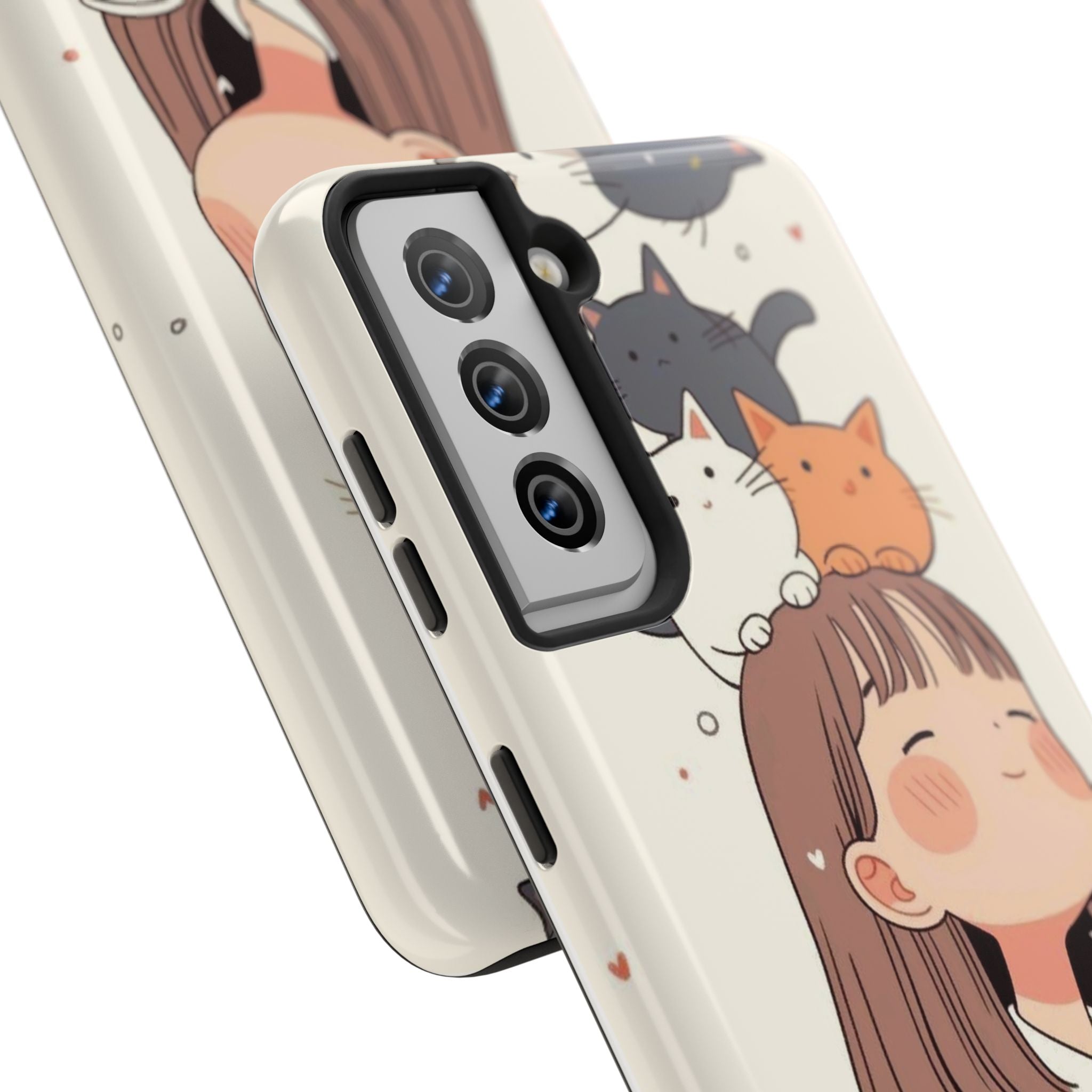 Girl with Cats Phone Case | Cute Cat Stack Illustration