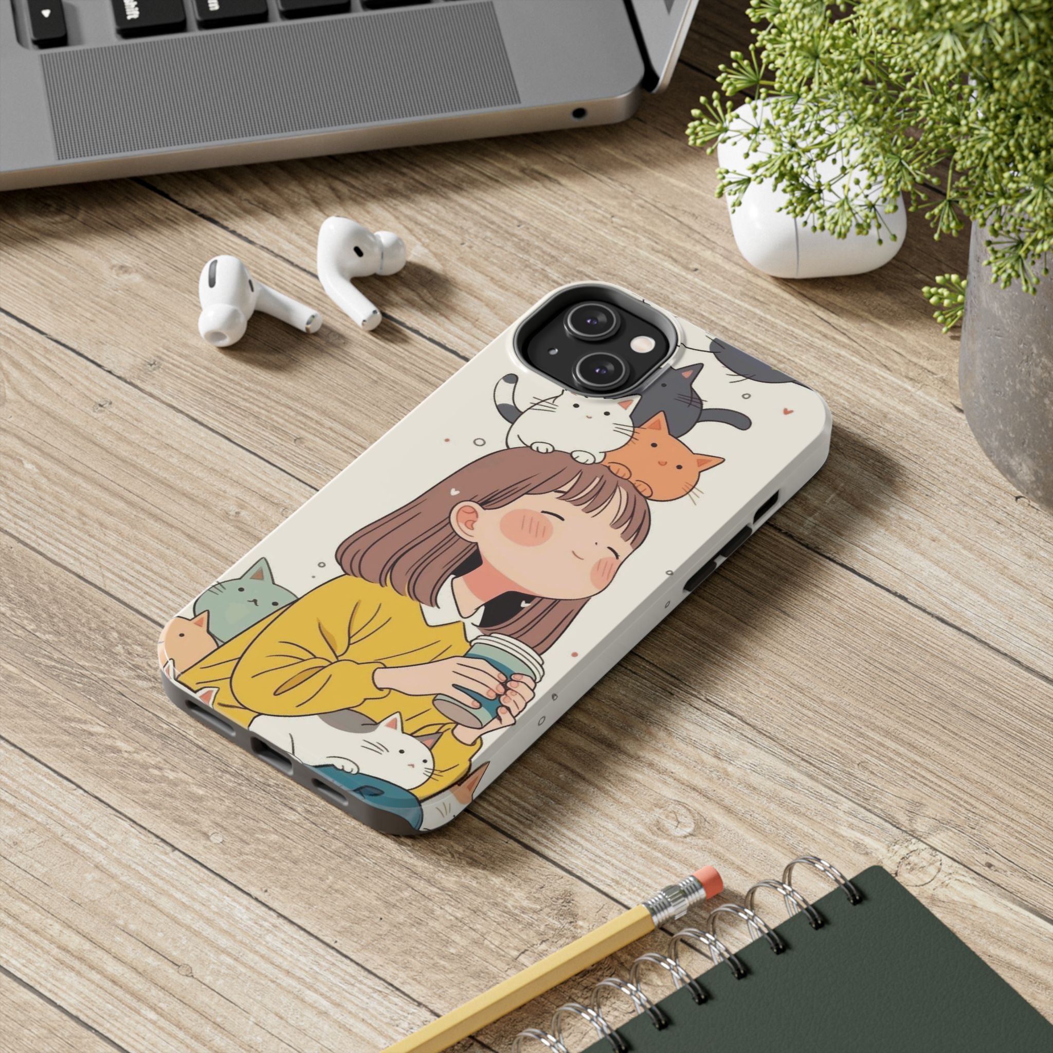 Girl with Cats Phone Case | Cute Cat Stack Illustration