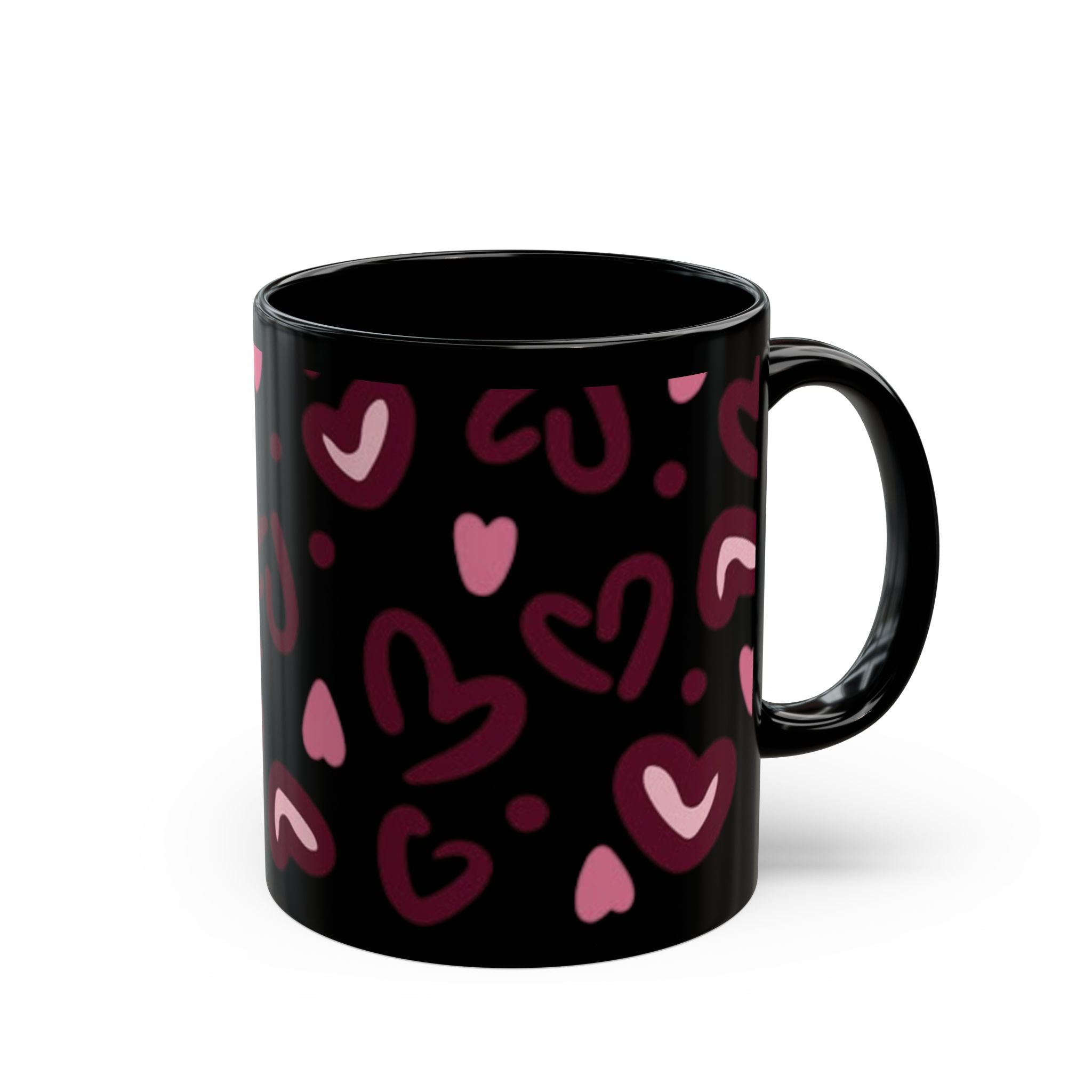 Hand-Drawn Pink Hearts Black Mug | Ceramic Heart Pattern Coffee Mug
