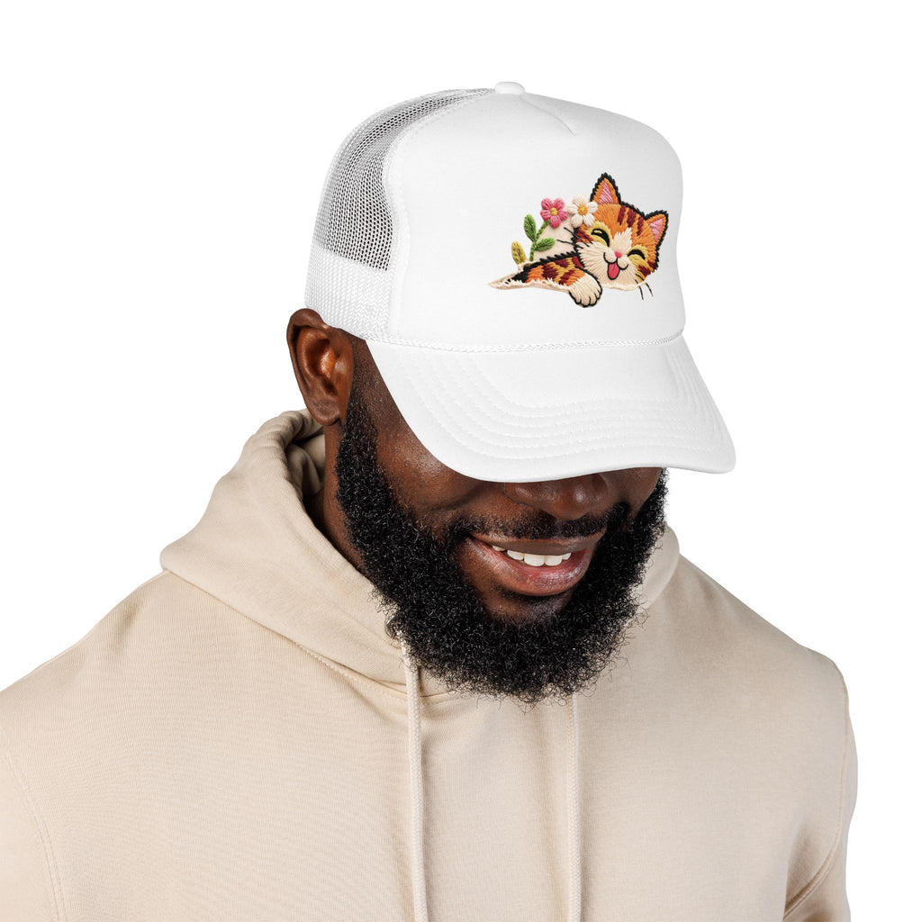 Trucker Hat — Cute Sleeping Calico Cat with Flowers Foam Mesh Cap