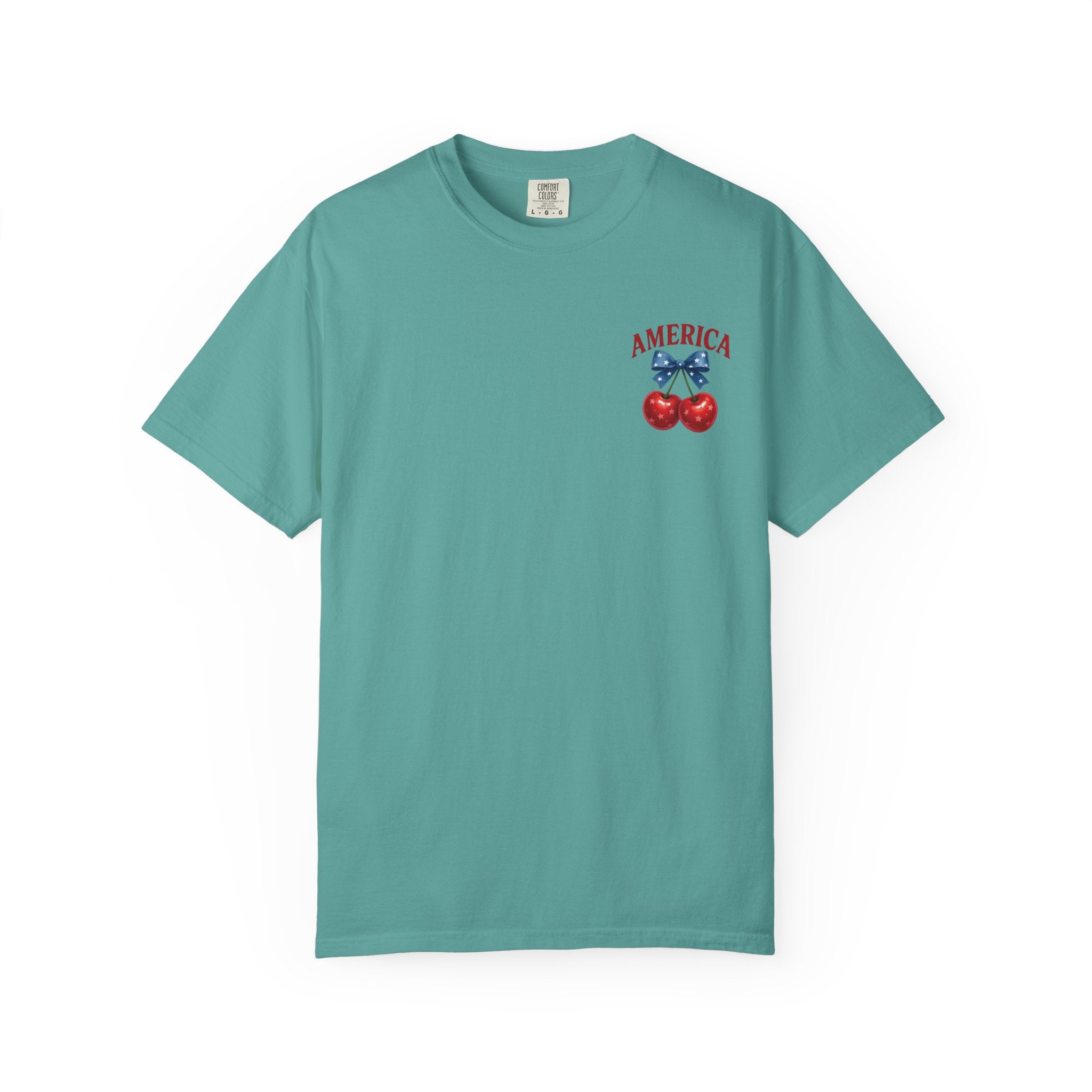 America Cherry Bow T-shirt | Patriotic Stars & Stripes Cherry Design