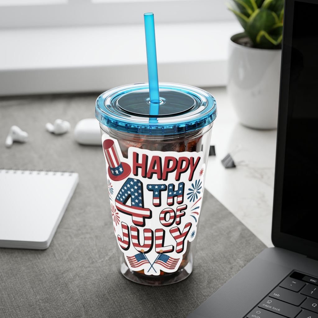 Happy 4th of July Tumbler | 16oz Straw Cup, Patriotic Fireworks Flag Design