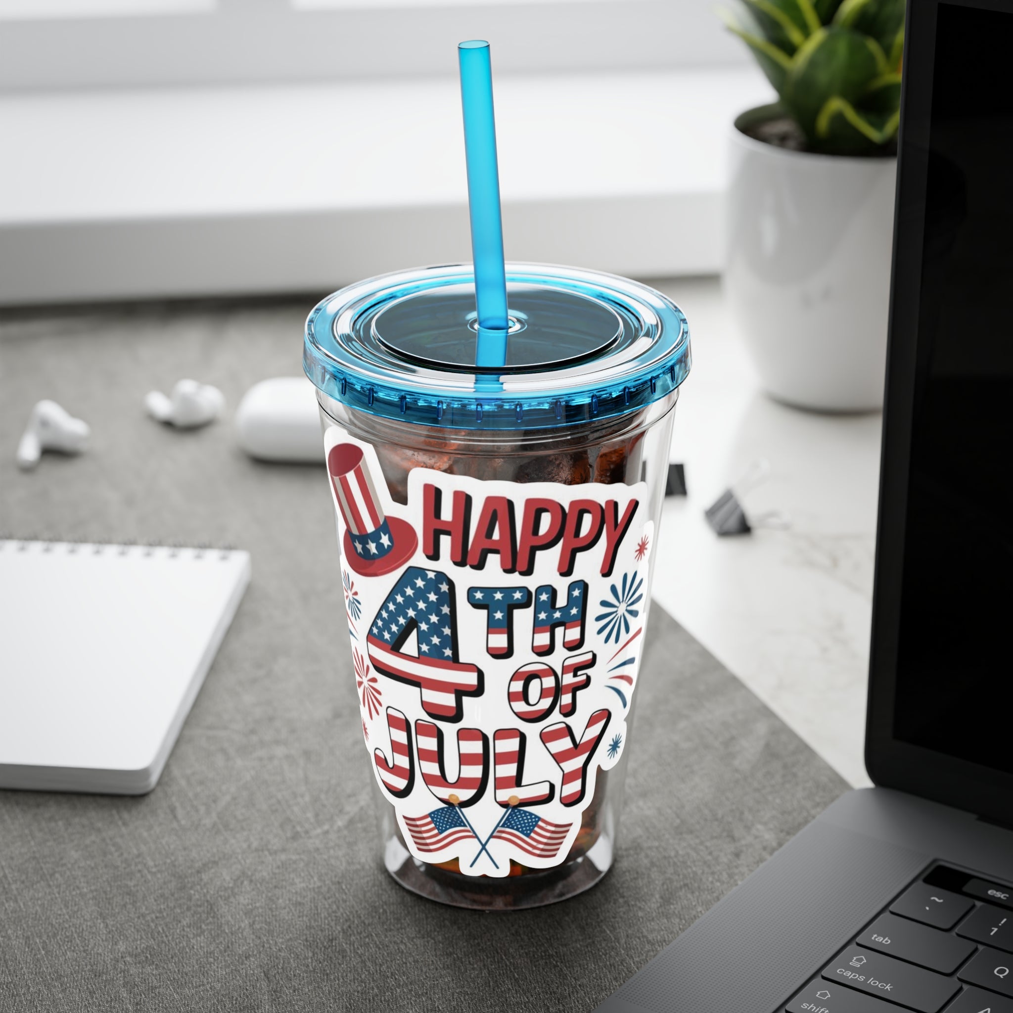 Happy 4th of July Tumbler | 16oz Straw Cup, Patriotic Fireworks Flag Design