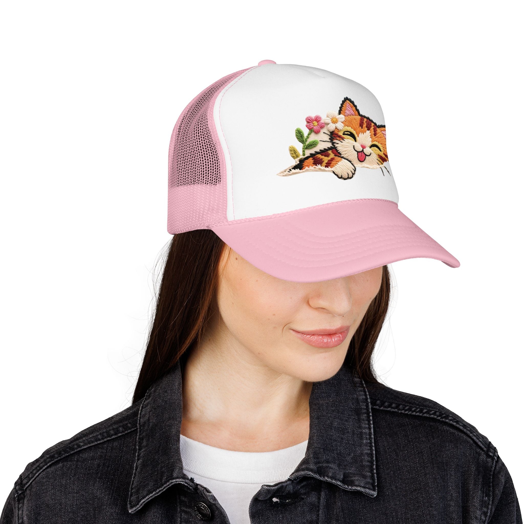 Trucker Hat — Cute Sleeping Calico Cat with Flowers Foam Mesh Cap