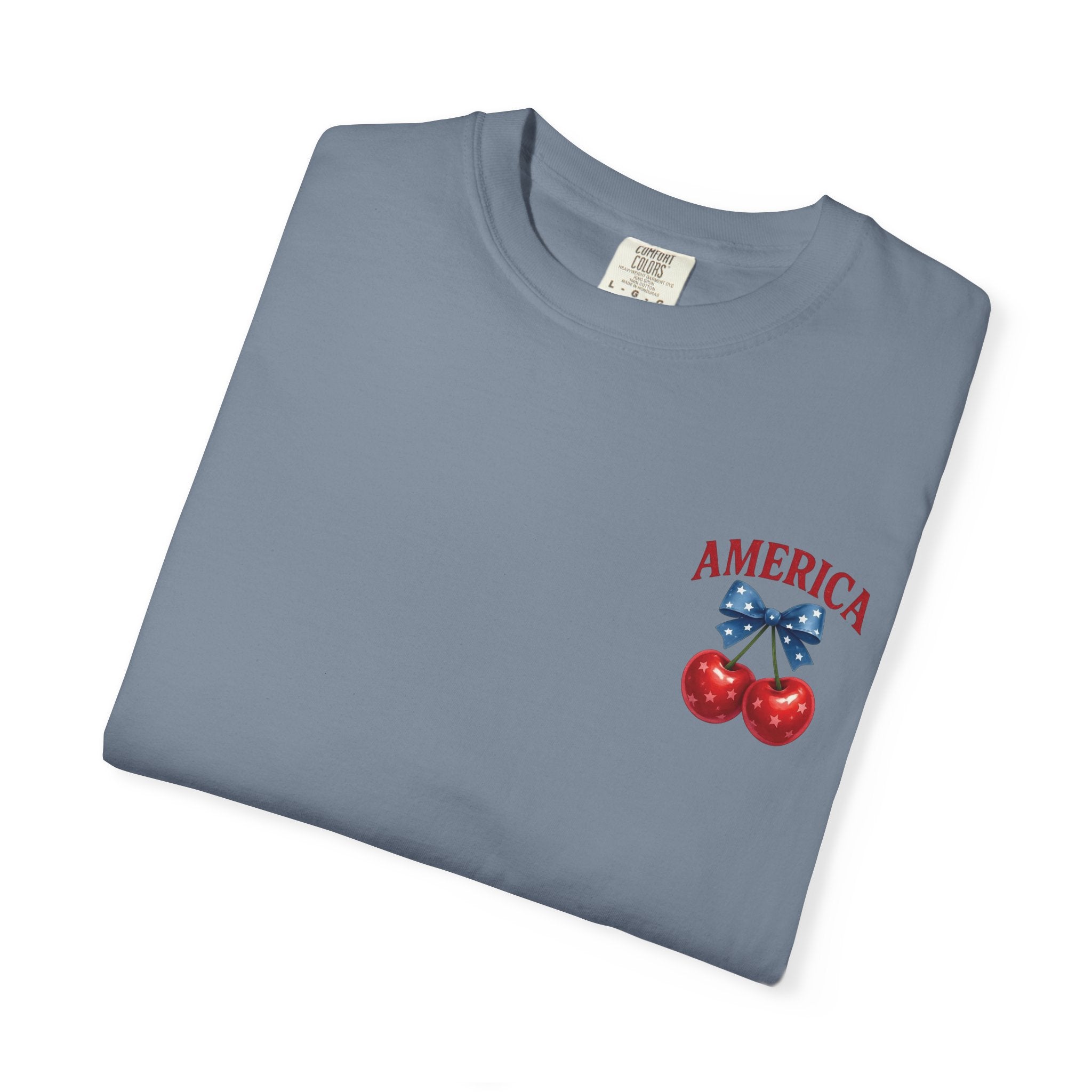 America Cherry Bow T-shirt | Patriotic Stars & Stripes Cherry Design