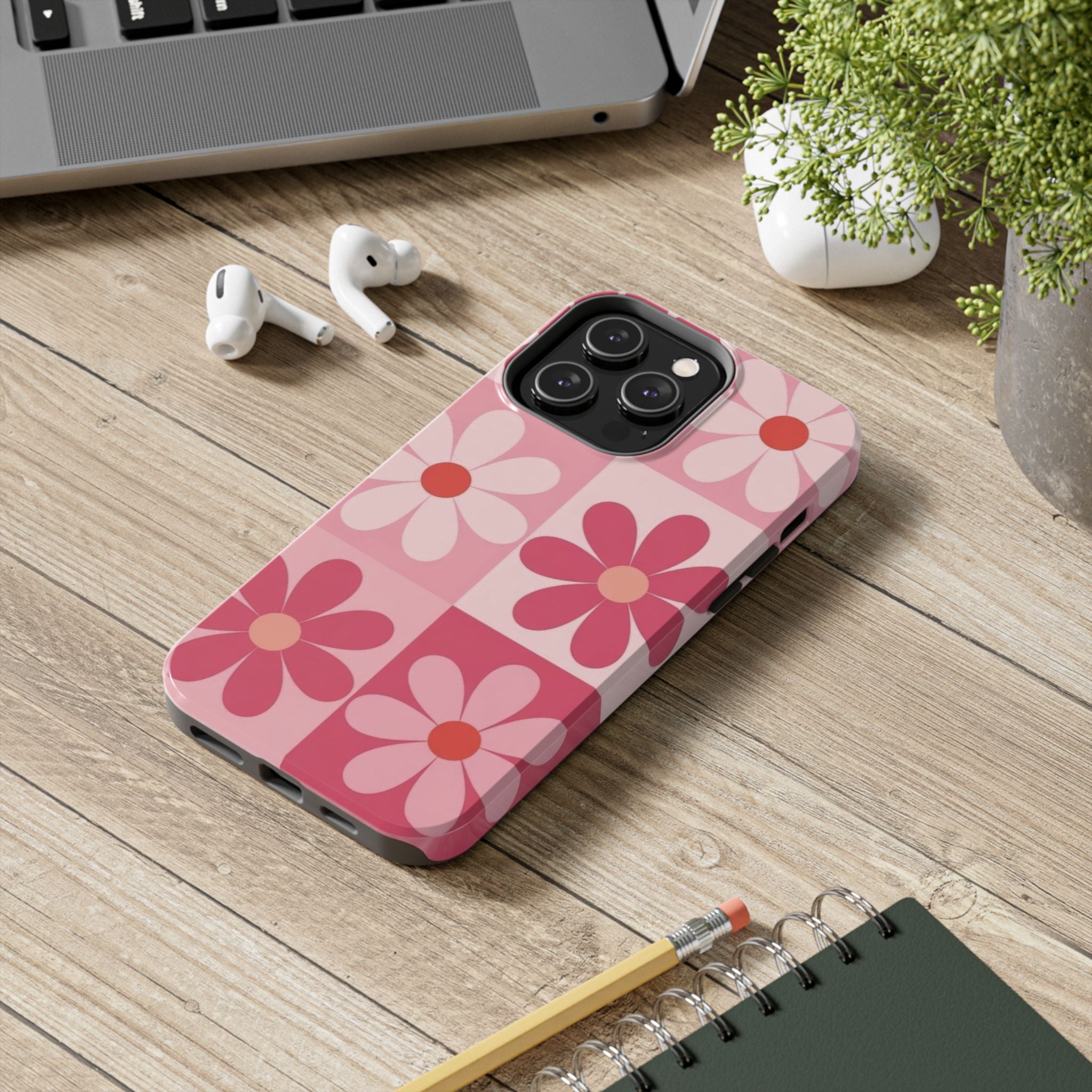 Pink Retro Daisy Phone Case — Tough Shockproof Floral iPhone Cover