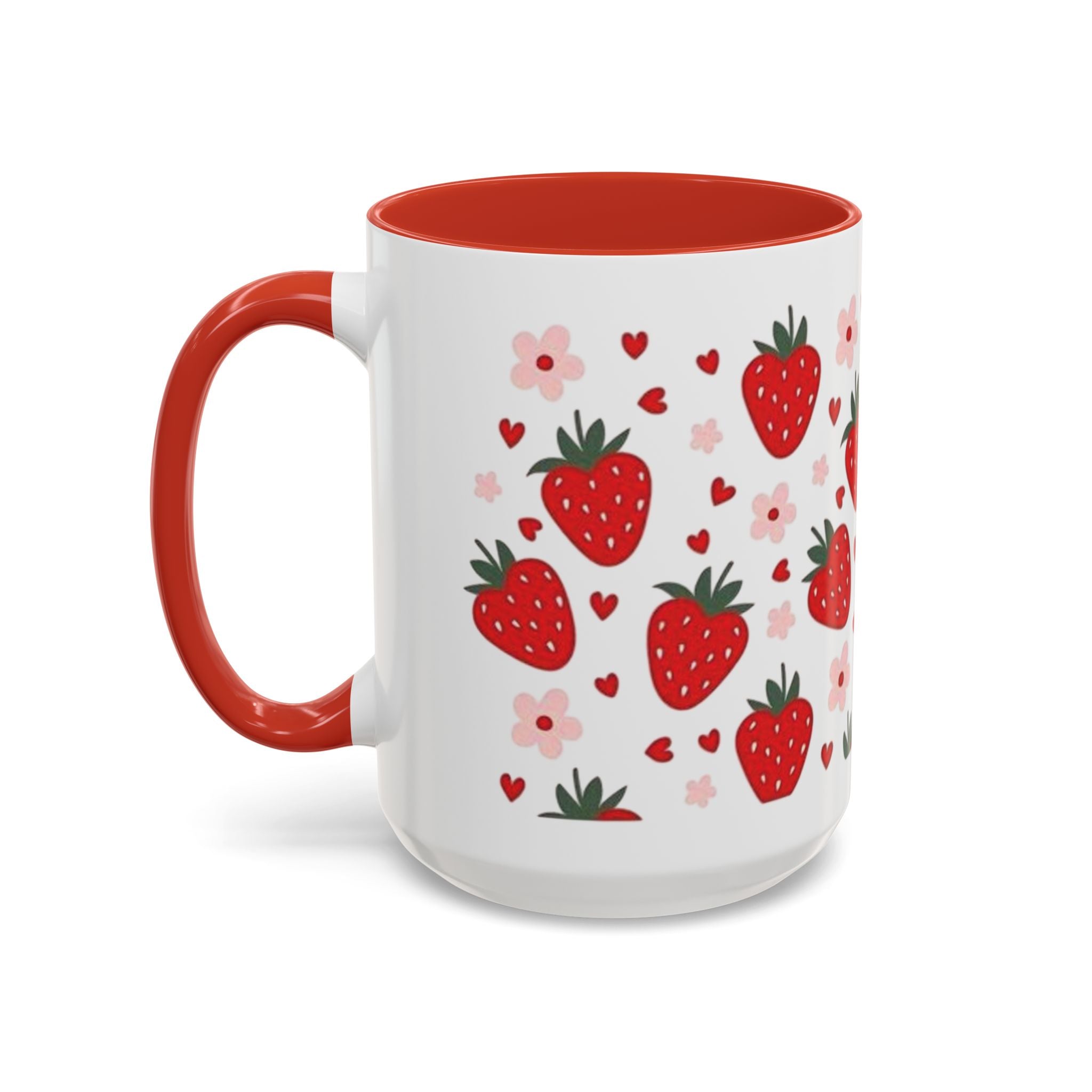 Strawberry Pattern Accent Coffee Mug — Cute Red Berries & Hearts 11/15oz