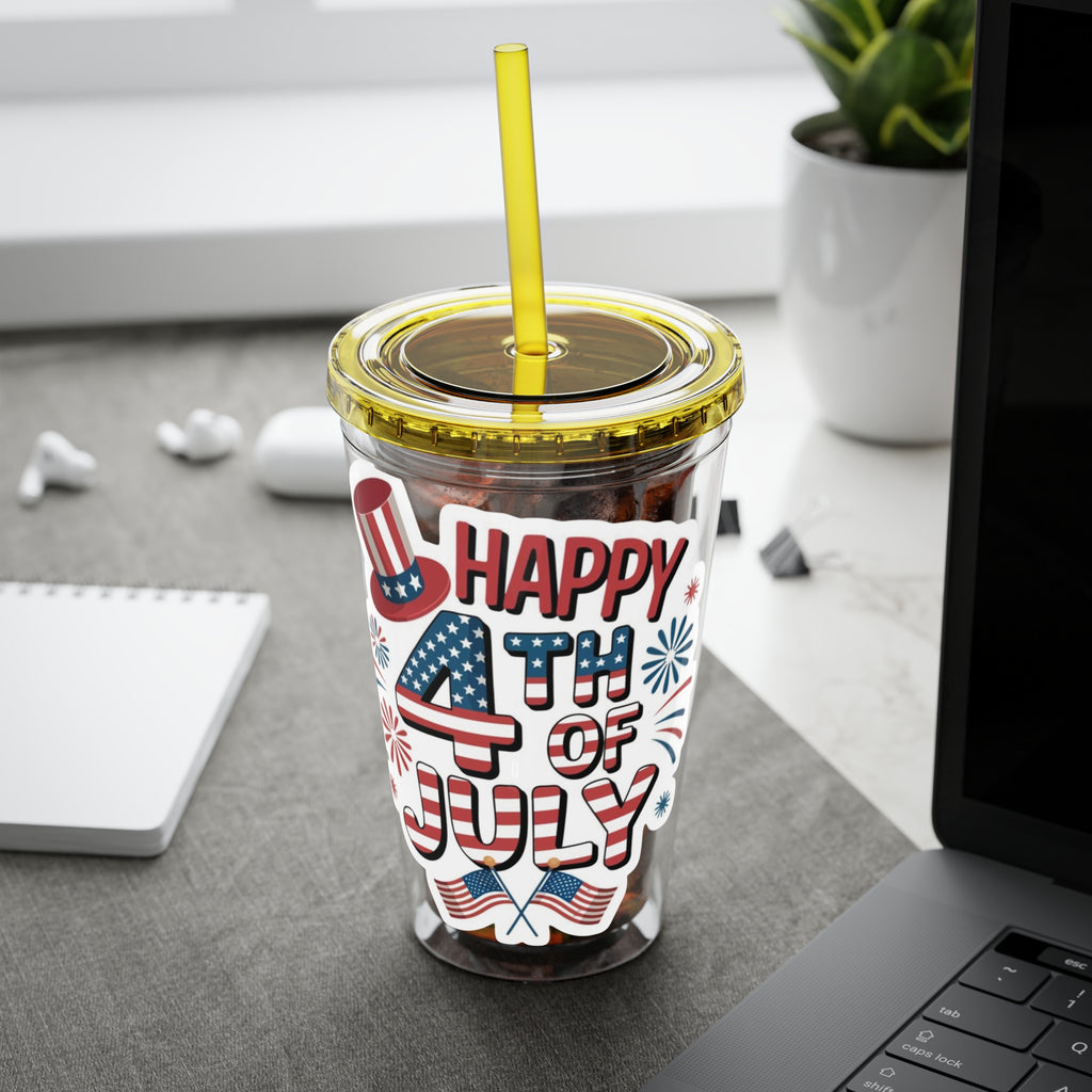 Happy 4th of July Tumbler | 16oz Straw Cup, Patriotic Fireworks Flag Design