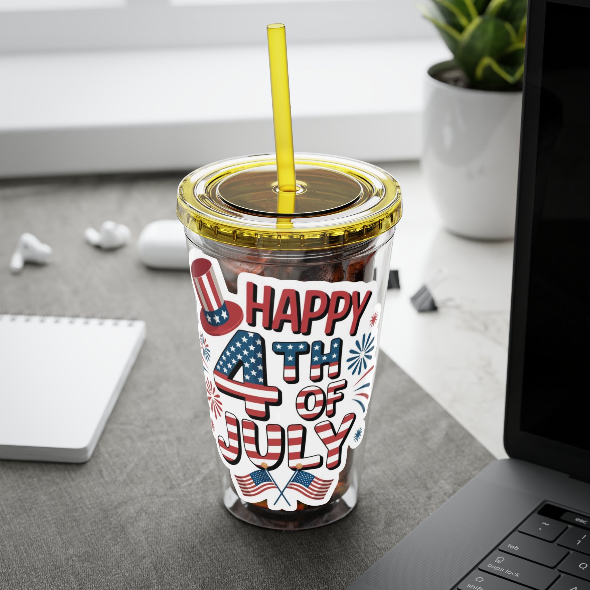Happy 4th of July Tumbler | 16oz Straw Cup, Patriotic Fireworks Flag Design