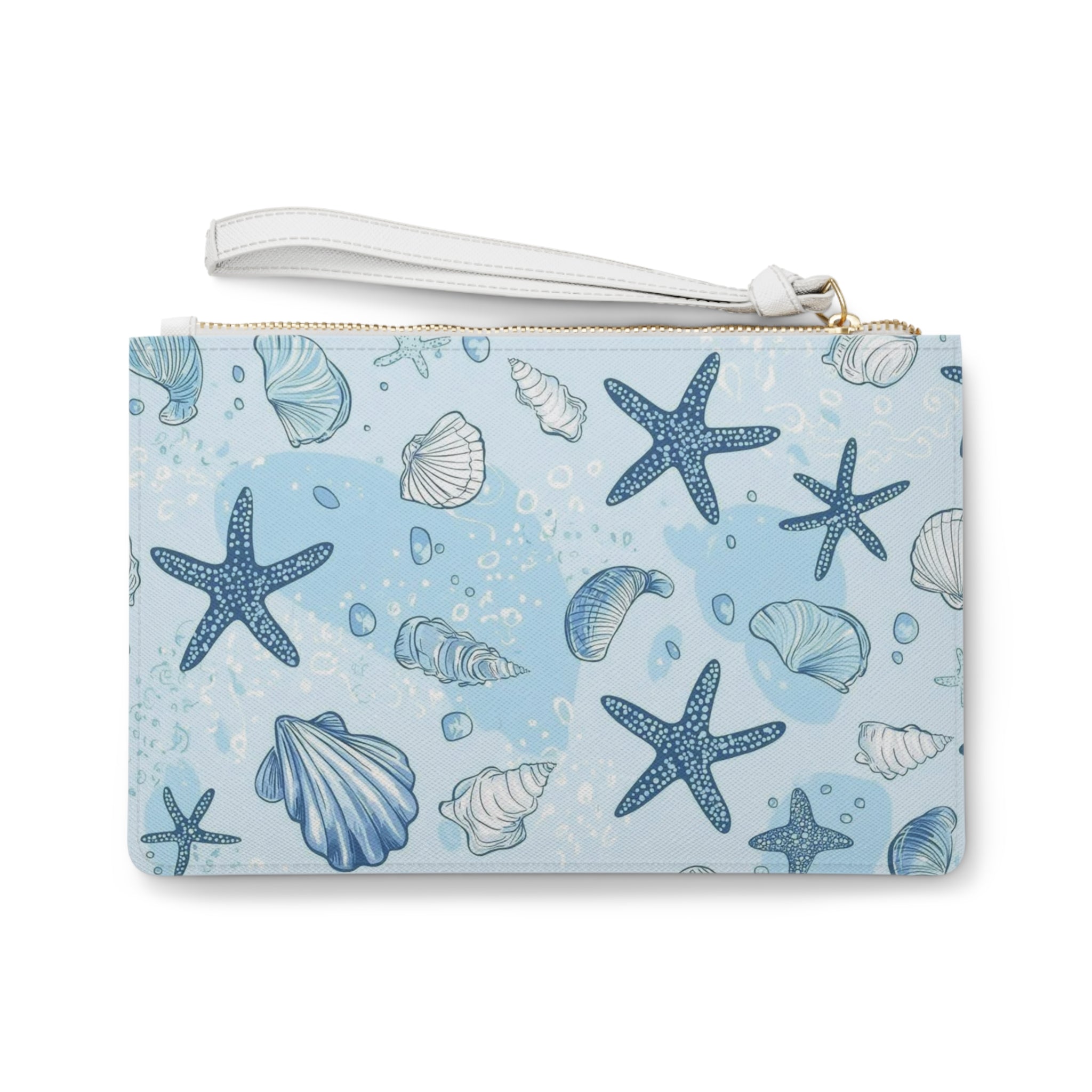 Seashell & Starfish Wristlet Clutch — Coastal Beach Pattern Makeup Bag