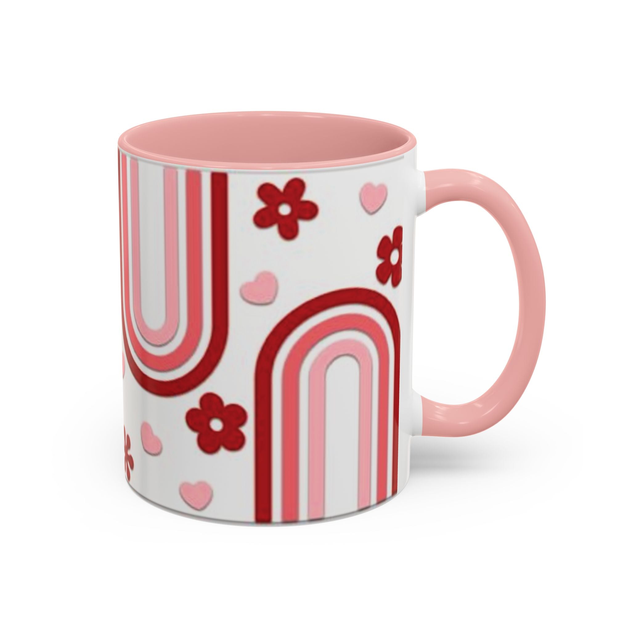 Retro Pink Rainbow Hearts and Flowers Accent Mug | 11oz or 15oz