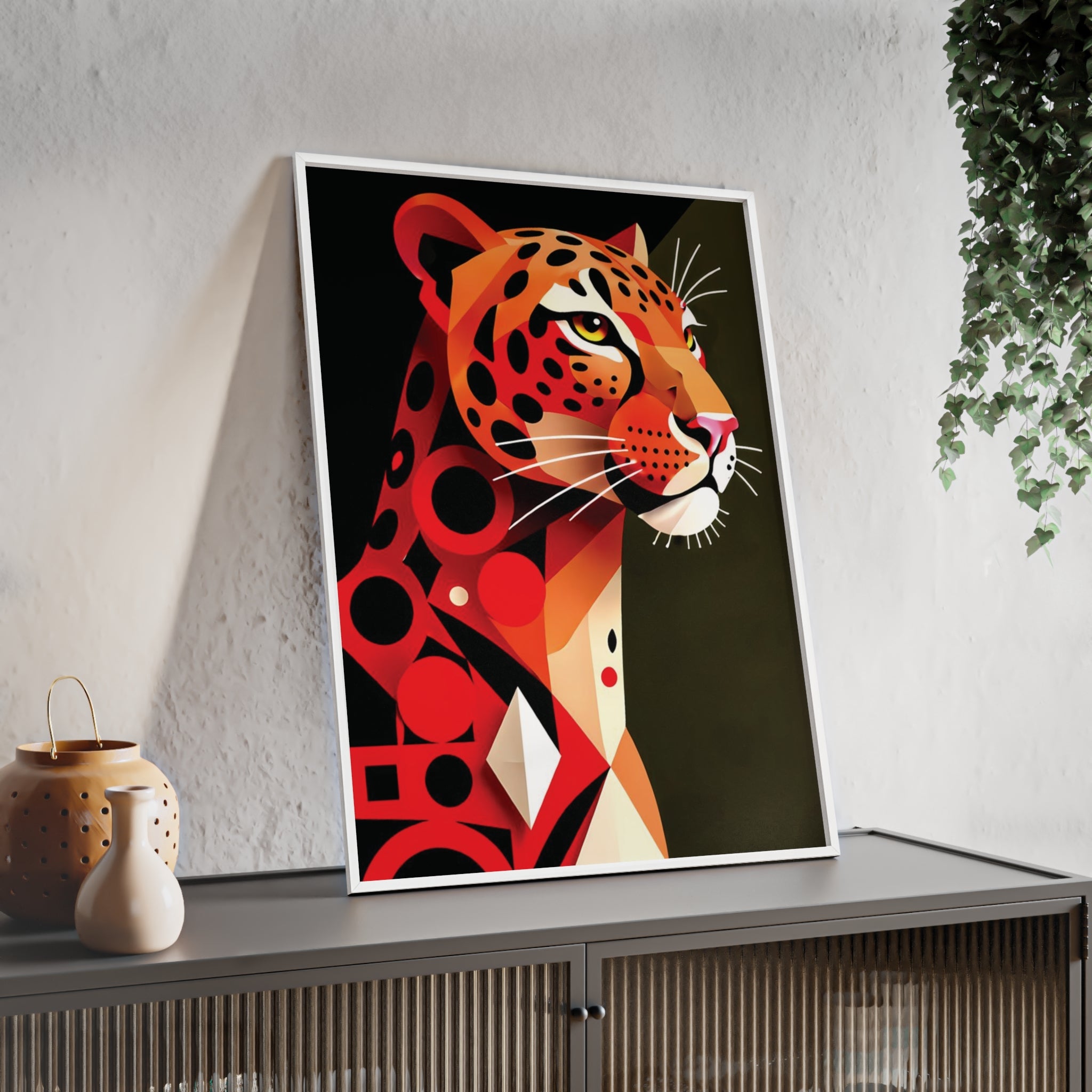 Geometric Leopard Art Poster with Wooden Frame — Bold Wildlife Wall Decor