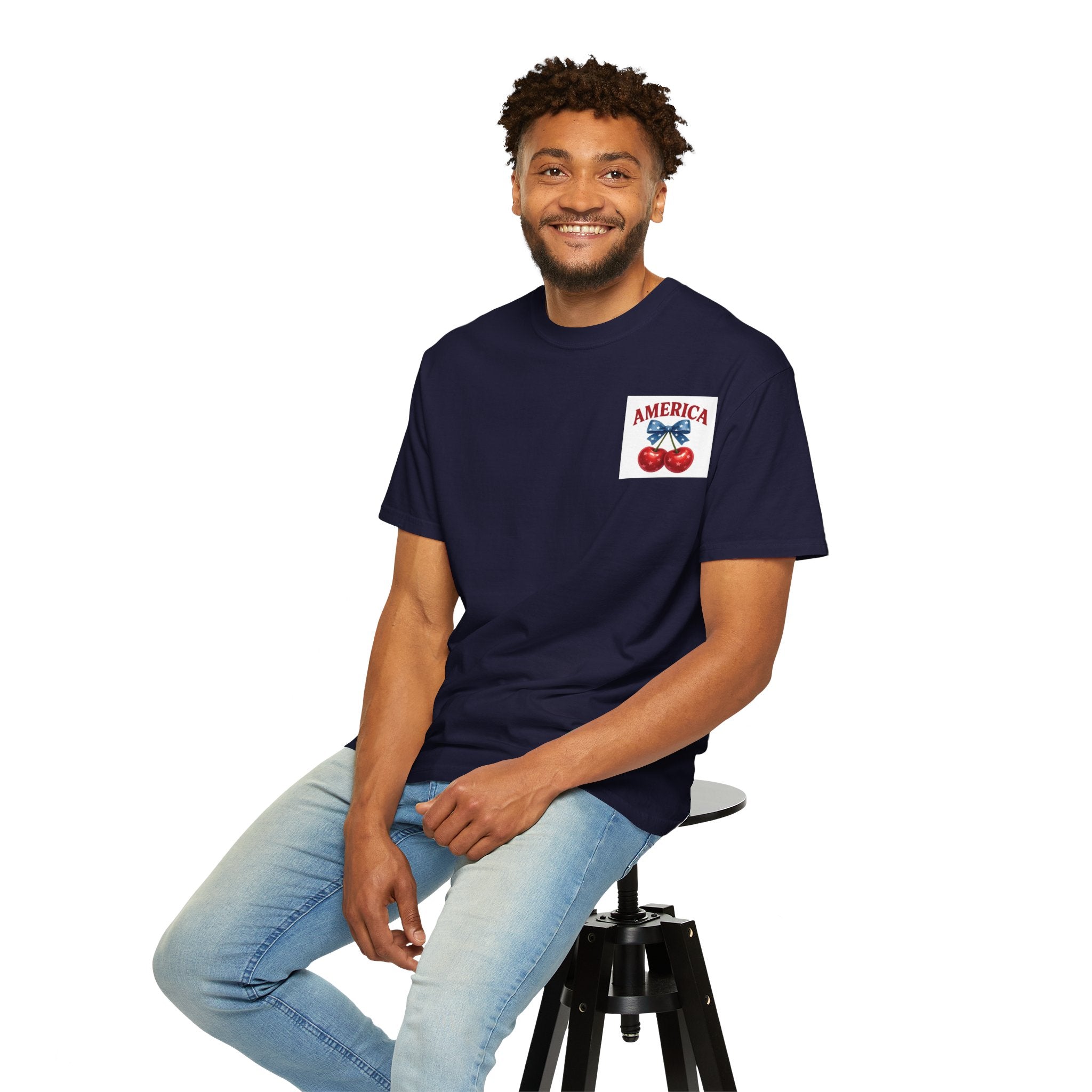 America Cherry Bow T-shirt | Patriotic Stars & Stripes Cherry Design