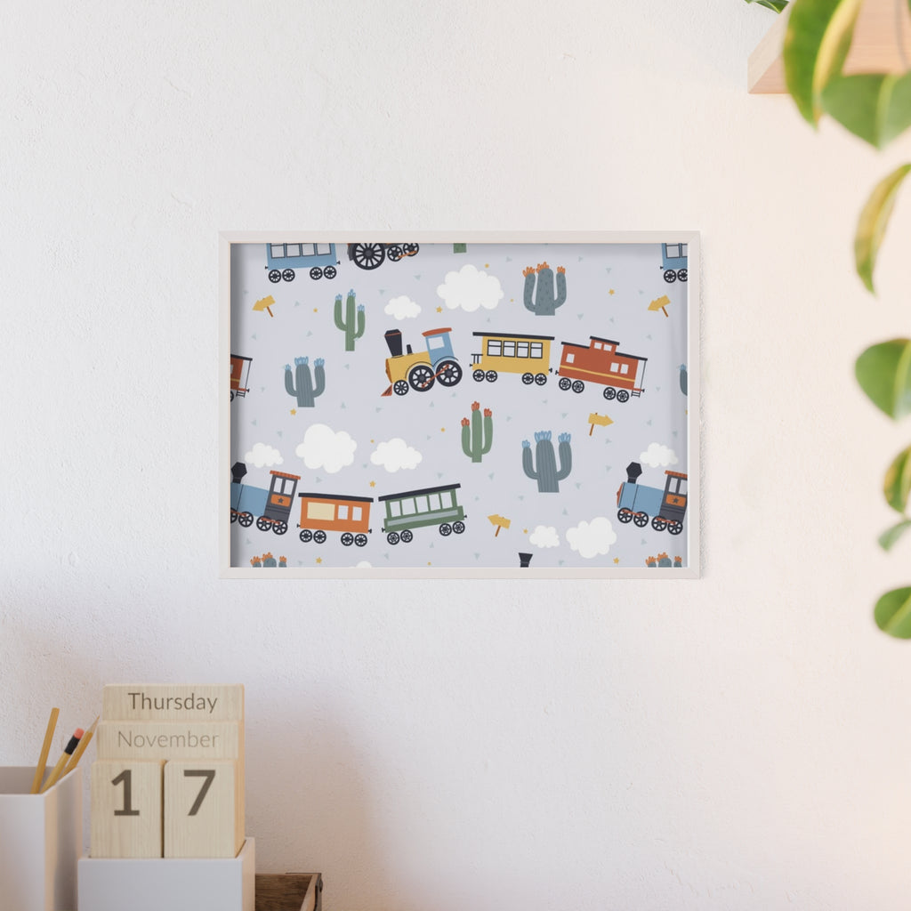 Kids' Train Poster with Wooden Frame — Nursery Wall Art, Playroom Decor