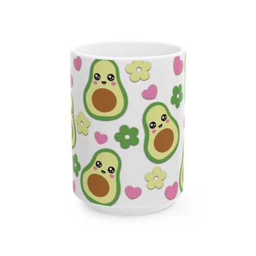 Avocado Pattern Ceramic Mug — Cute Kawaii Avocado Hearts & Flowers Coffee Cup (11oz/15oz)