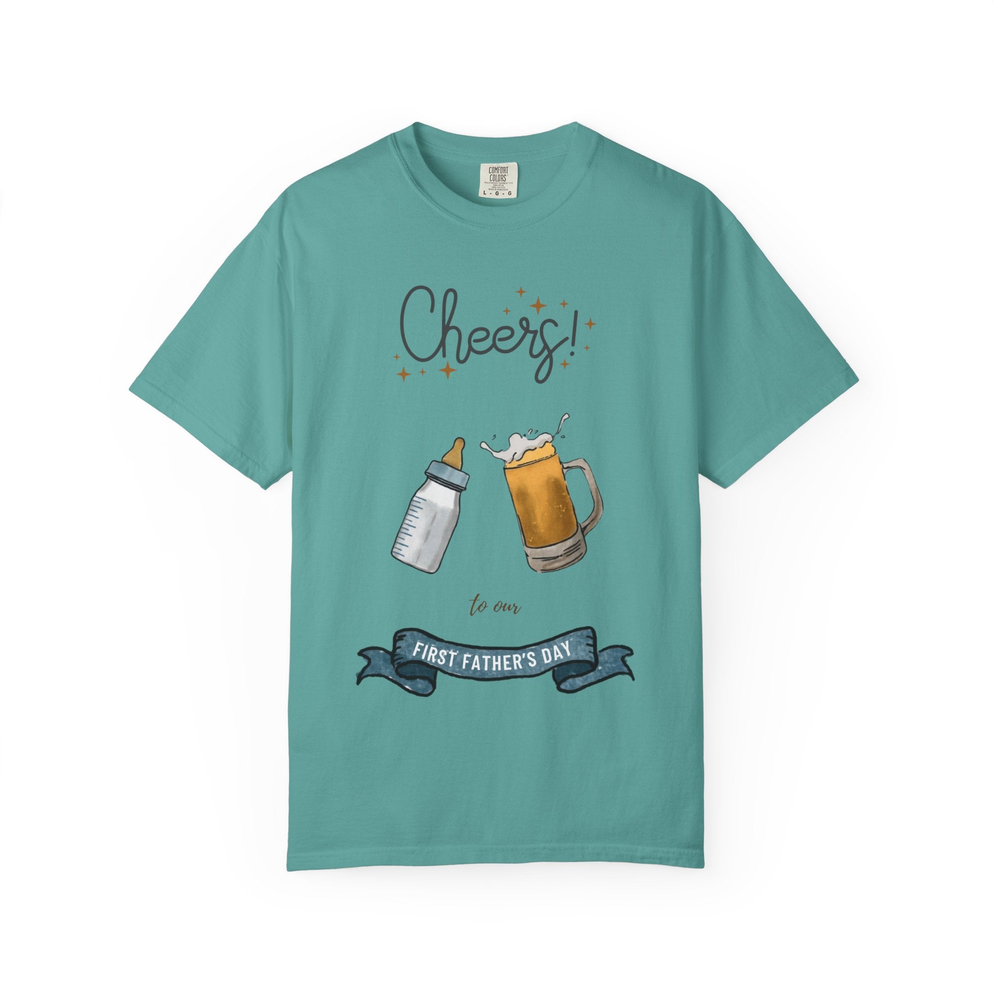 Cheers! Baby Bottle and Beer Mug First Father's Day T-Shirt | New Dad Tee