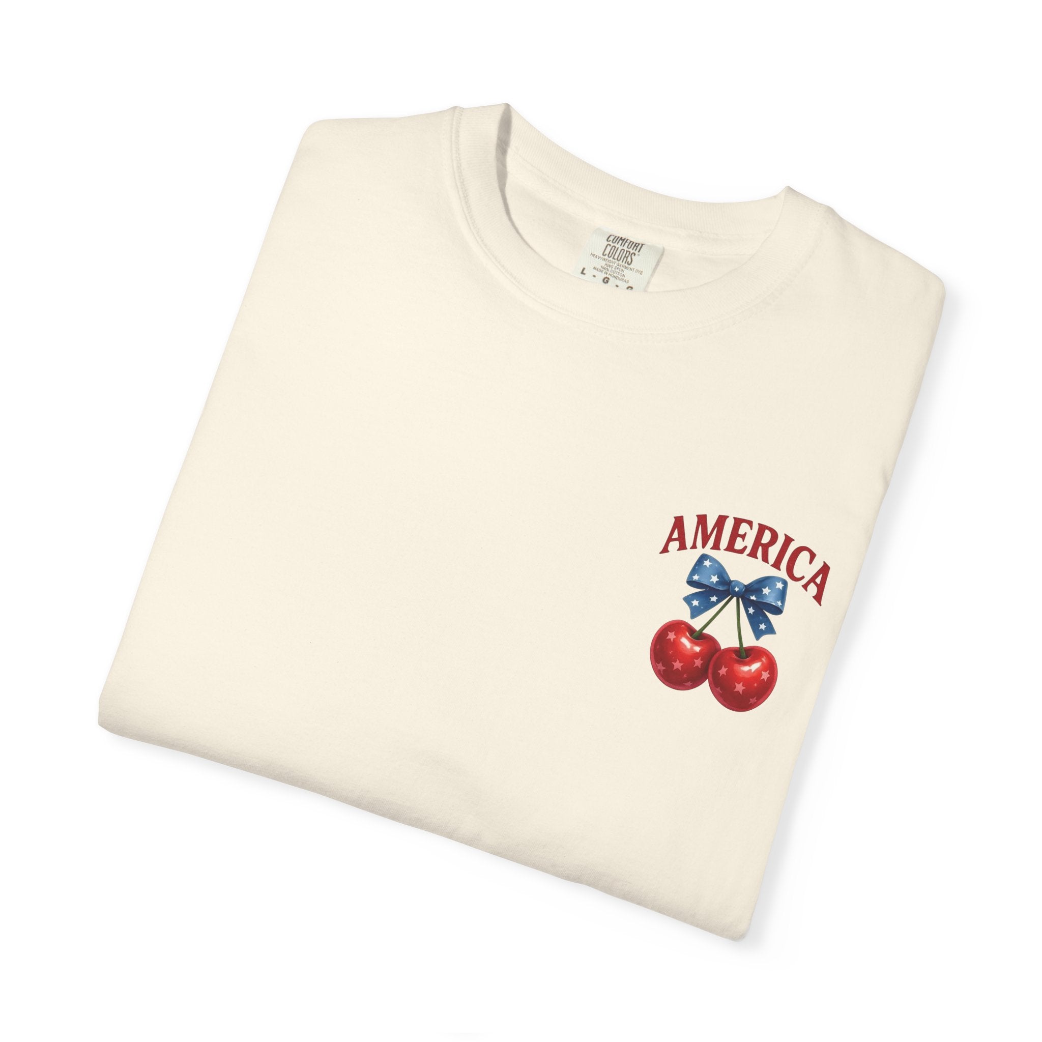 America Cherry Bow T-shirt | Patriotic Stars & Stripes Cherry Design