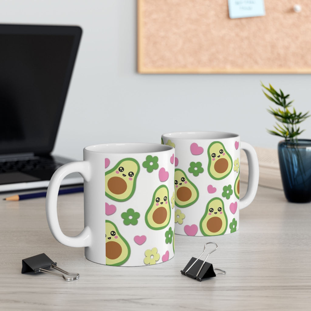 Avocado Pattern Ceramic Mug — Cute Kawaii Avocado Hearts & Flowers Coffee Cup (11oz/15oz)