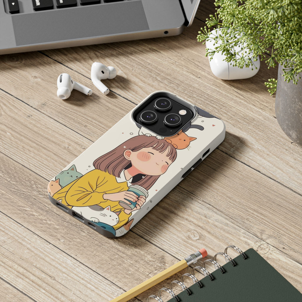 Girl with Cats Phone Case | Cute Cat Stack Illustration