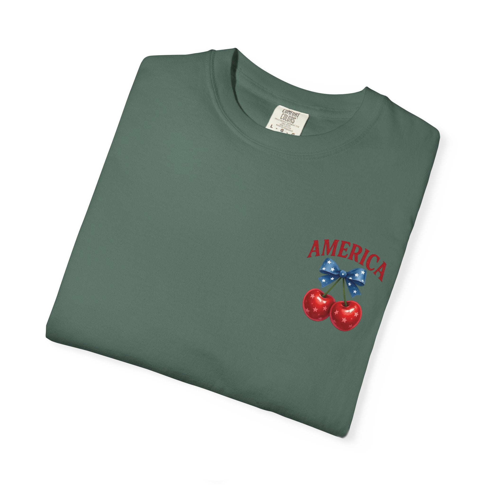 America Cherry Bow T-shirt | Patriotic Stars & Stripes Cherry Design