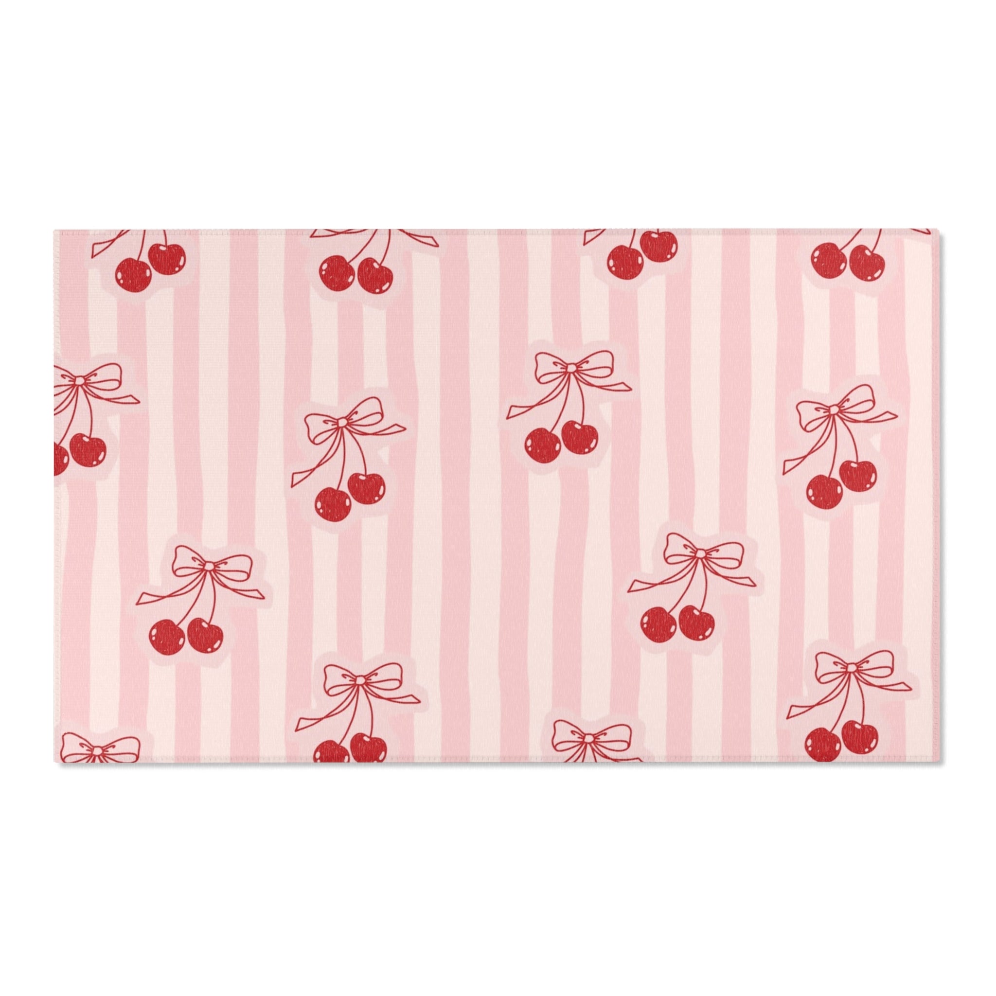 Cherry Bow Area Rug — Pink Striped Cute Kitchen or Nursery Accent Rug