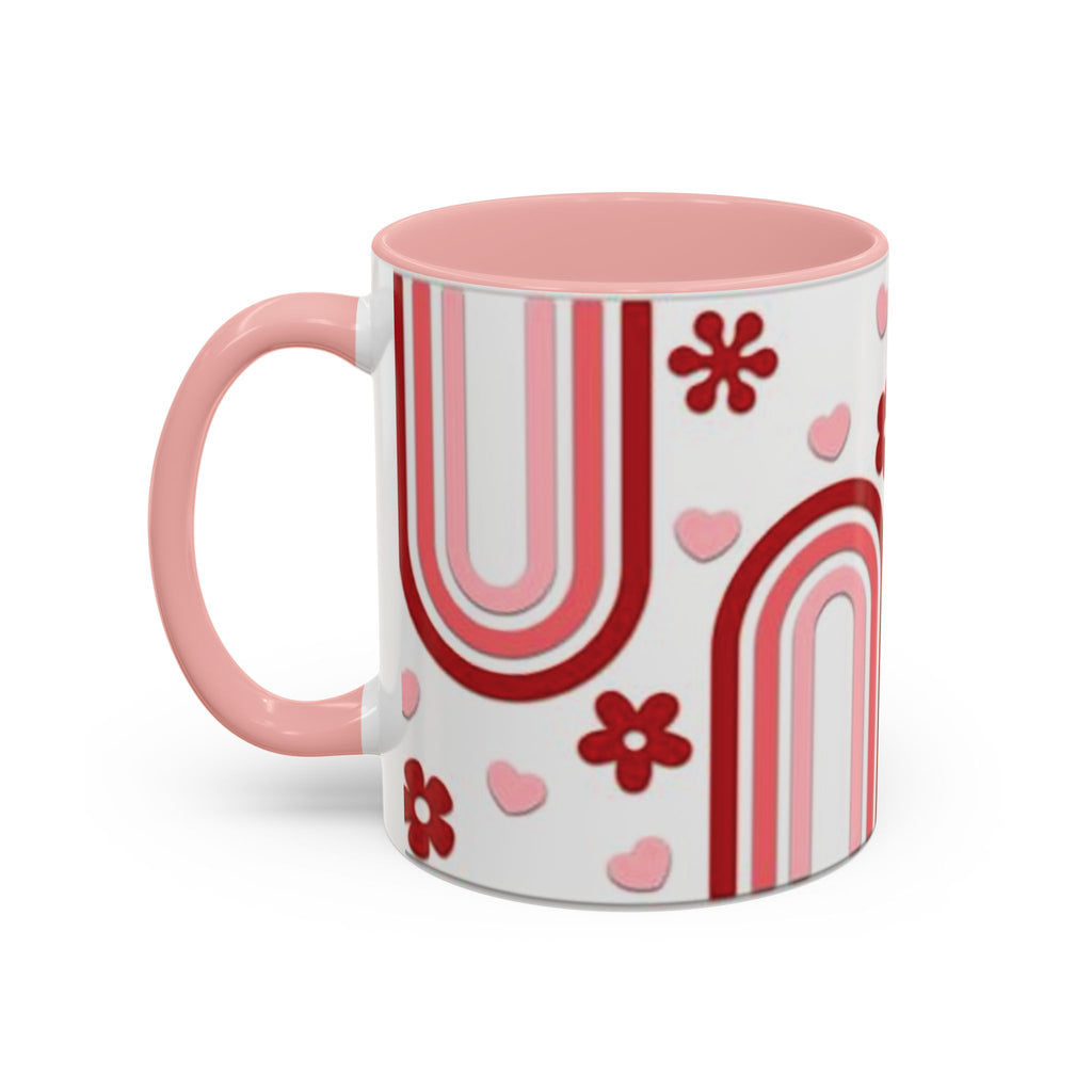 Retro Pink Rainbow Hearts and Flowers Accent Mug | 11oz or 15oz