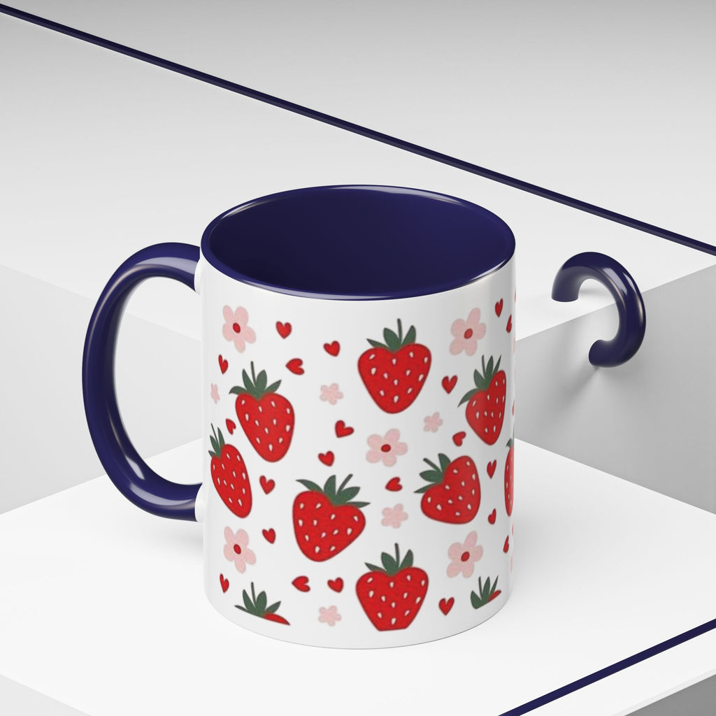 Strawberry Pattern Accent Coffee Mug — Cute Red Berries & Hearts 11/15oz
