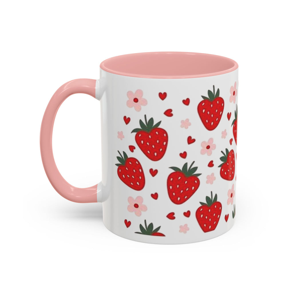 Strawberry Pattern Accent Coffee Mug — Cute Red Berries & Hearts 11/15oz
