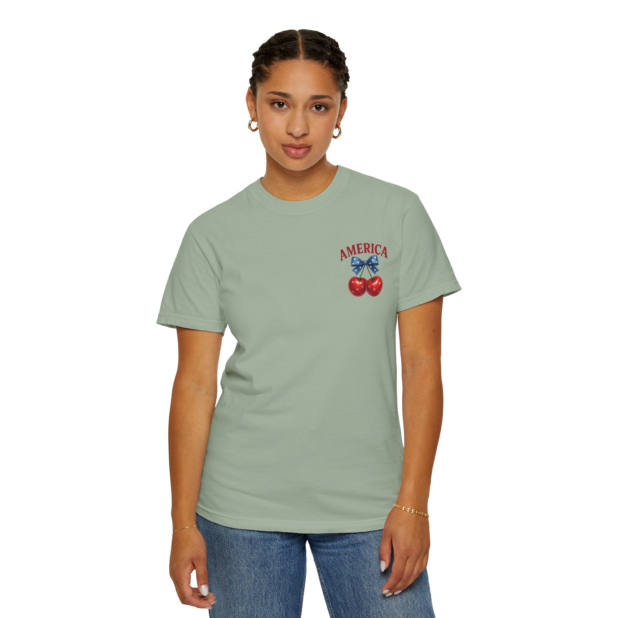 America Cherry Bow T-shirt | Patriotic Stars & Stripes Cherry Design