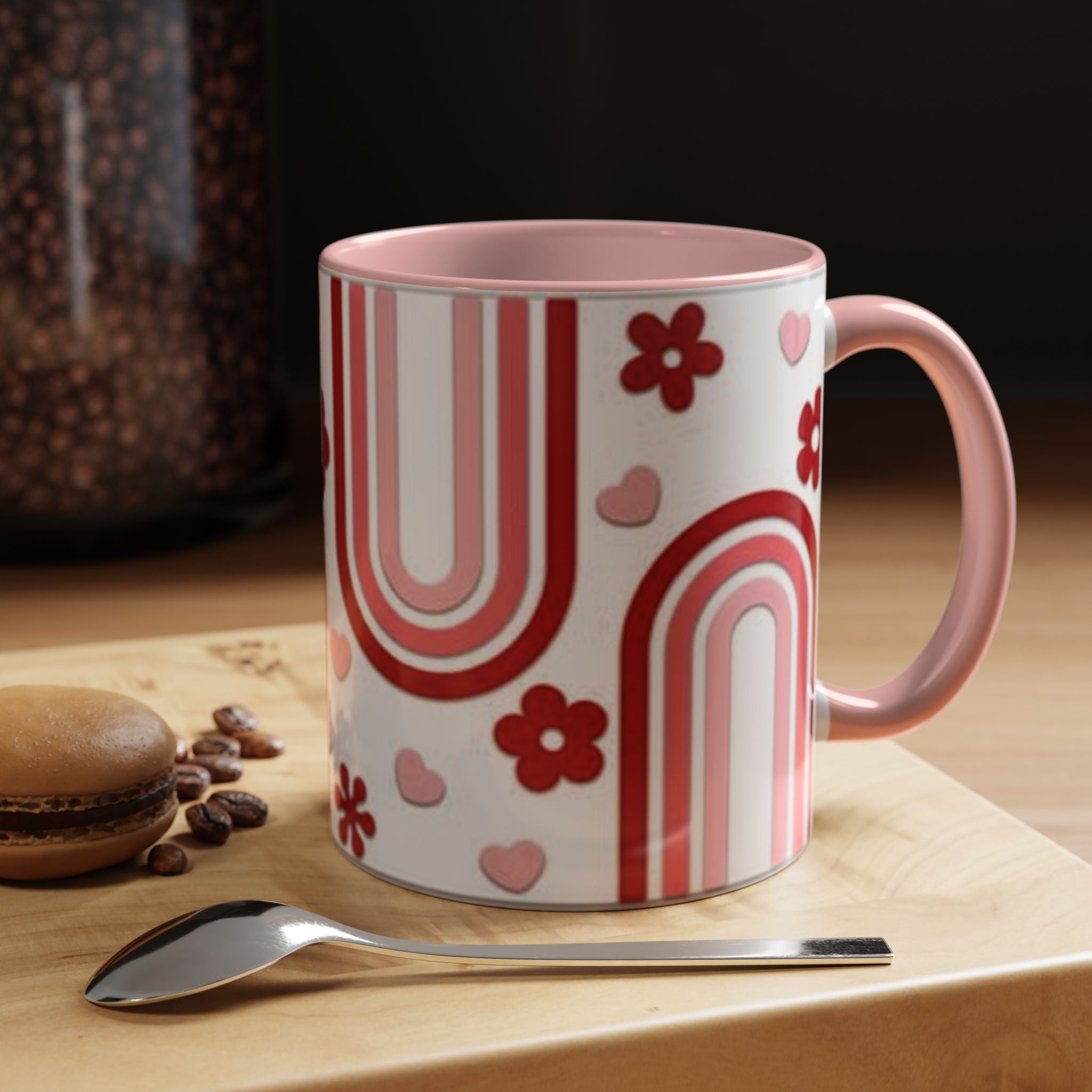 Retro Pink Rainbow Hearts and Flowers Accent Mug | 11oz or 15oz