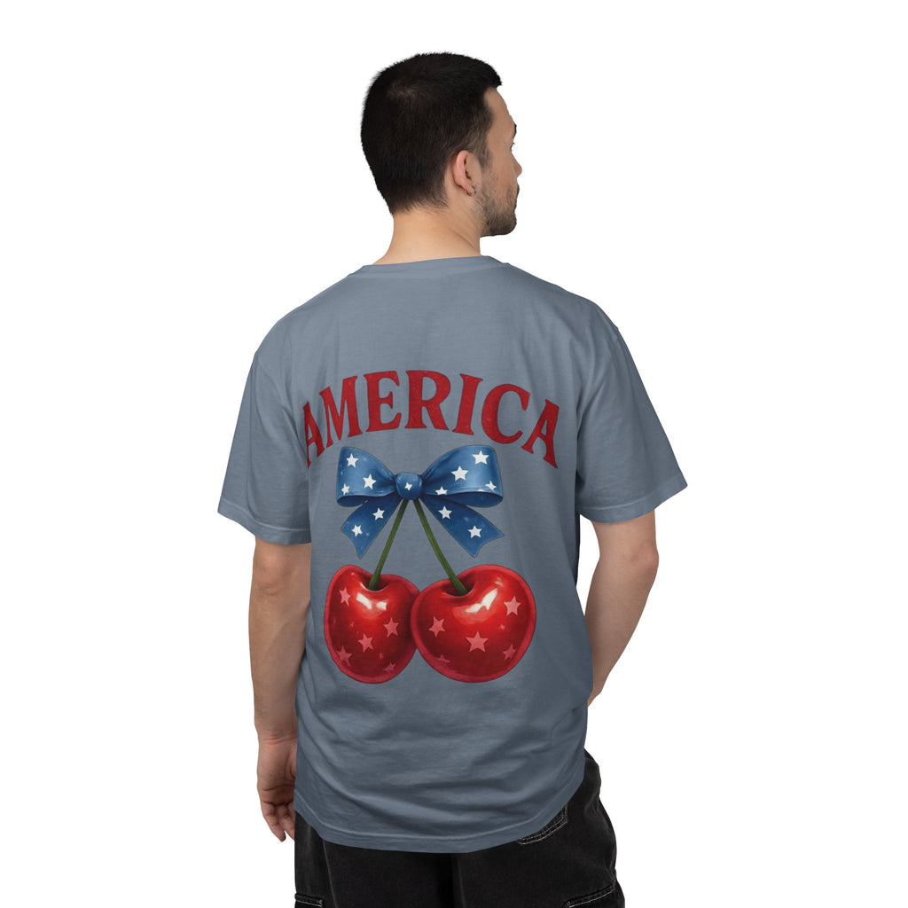 America Cherry Bow T-shirt | Patriotic Stars & Stripes Cherry Design
