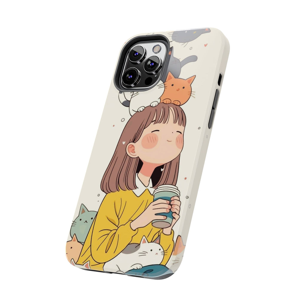 Girl with Cats Phone Case | Cute Cat Stack Illustration
