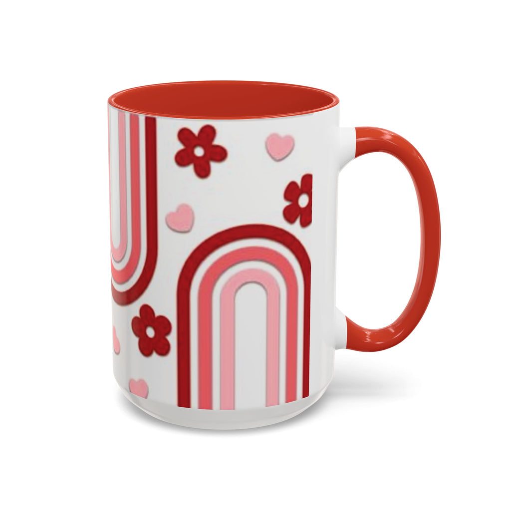 Retro Pink Rainbow Hearts and Flowers Accent Mug | 11oz or 15oz