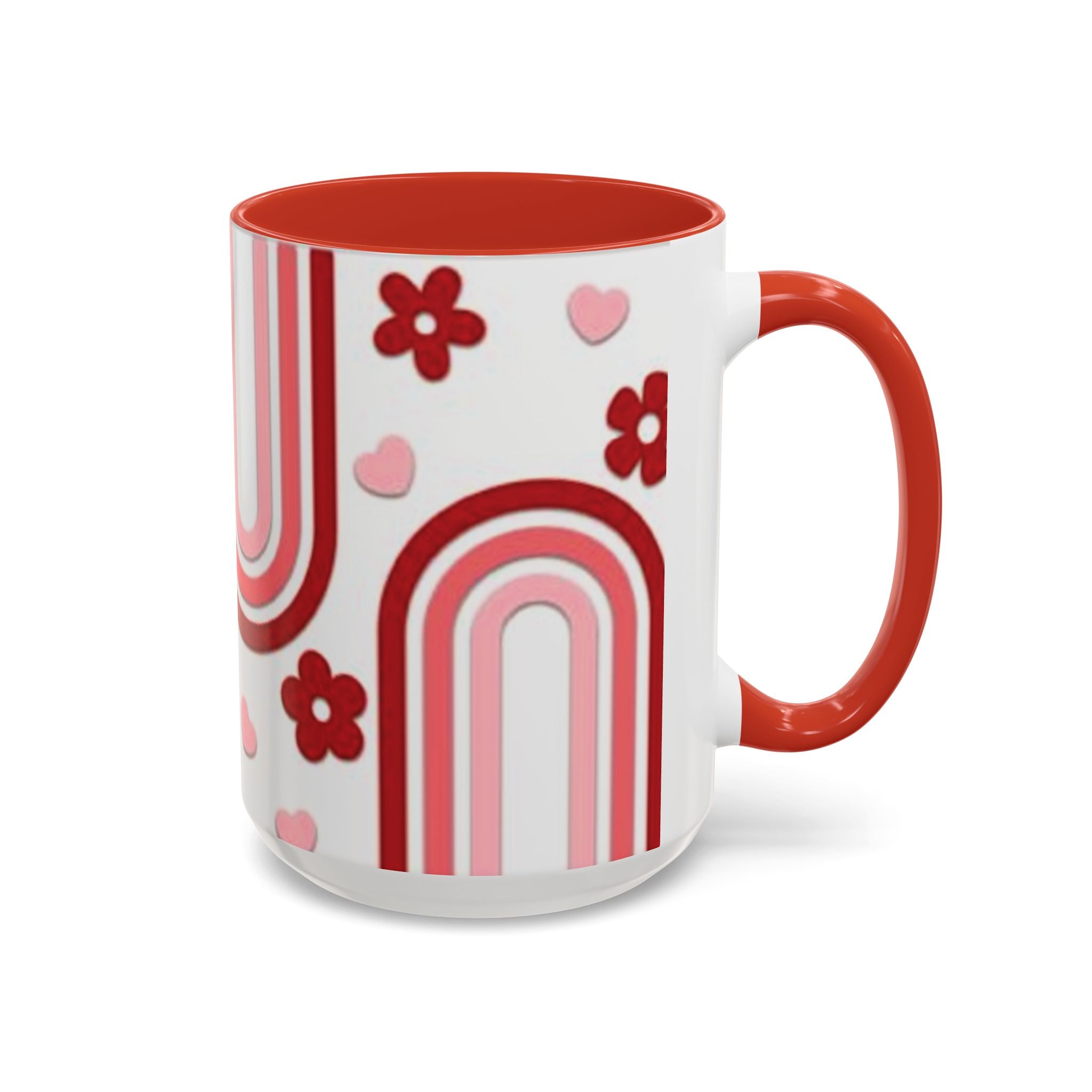 Retro Pink Rainbow Hearts and Flowers Accent Mug | 11oz or 15oz