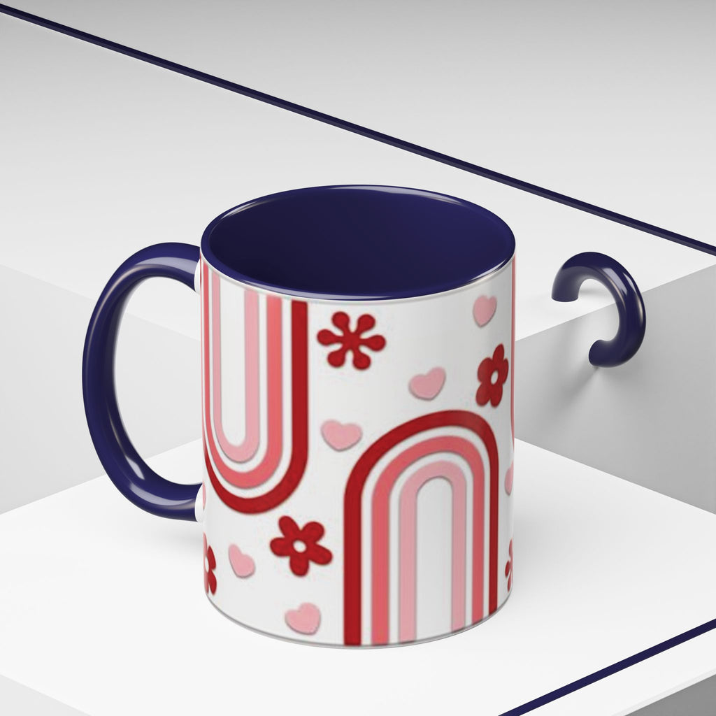 Retro Pink Rainbow Hearts and Flowers Accent Mug | 11oz or 15oz