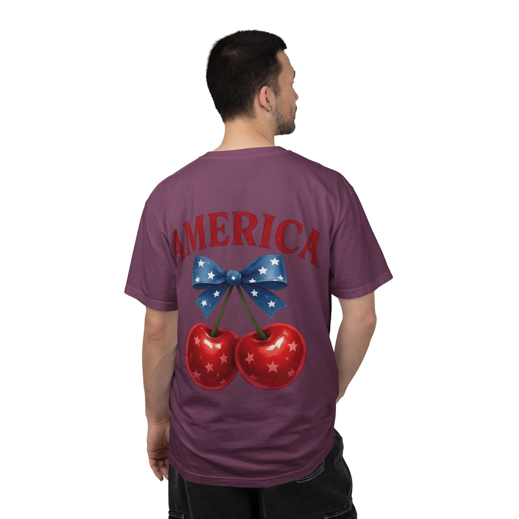 America Cherry Bow T-shirt | Patriotic Stars & Stripes Cherry Design
