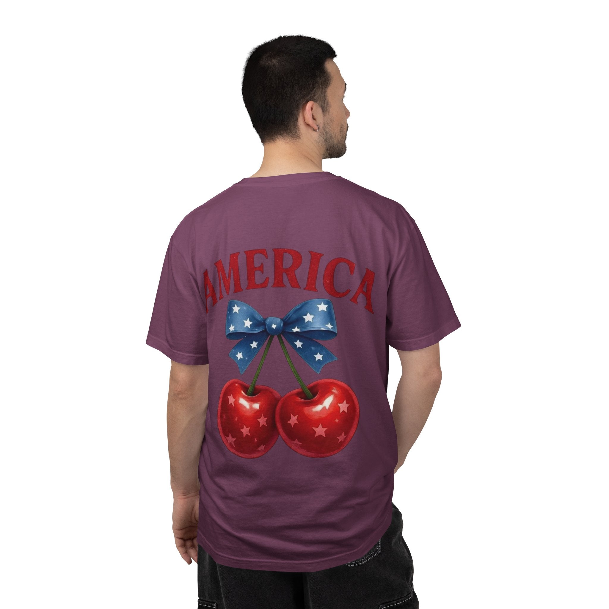 America Cherry Bow T-shirt | Patriotic Stars & Stripes Cherry Design