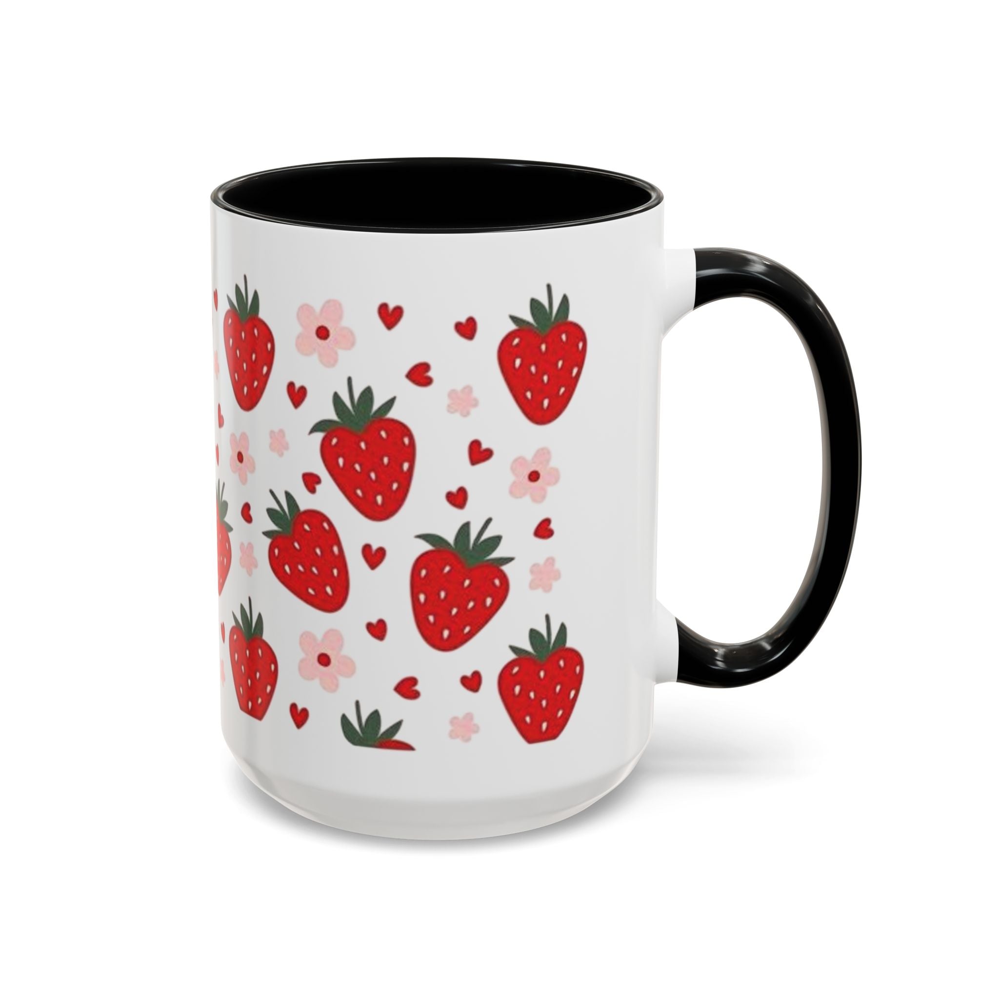 Strawberry Pattern Accent Coffee Mug — Cute Red Berries & Hearts 11/15oz