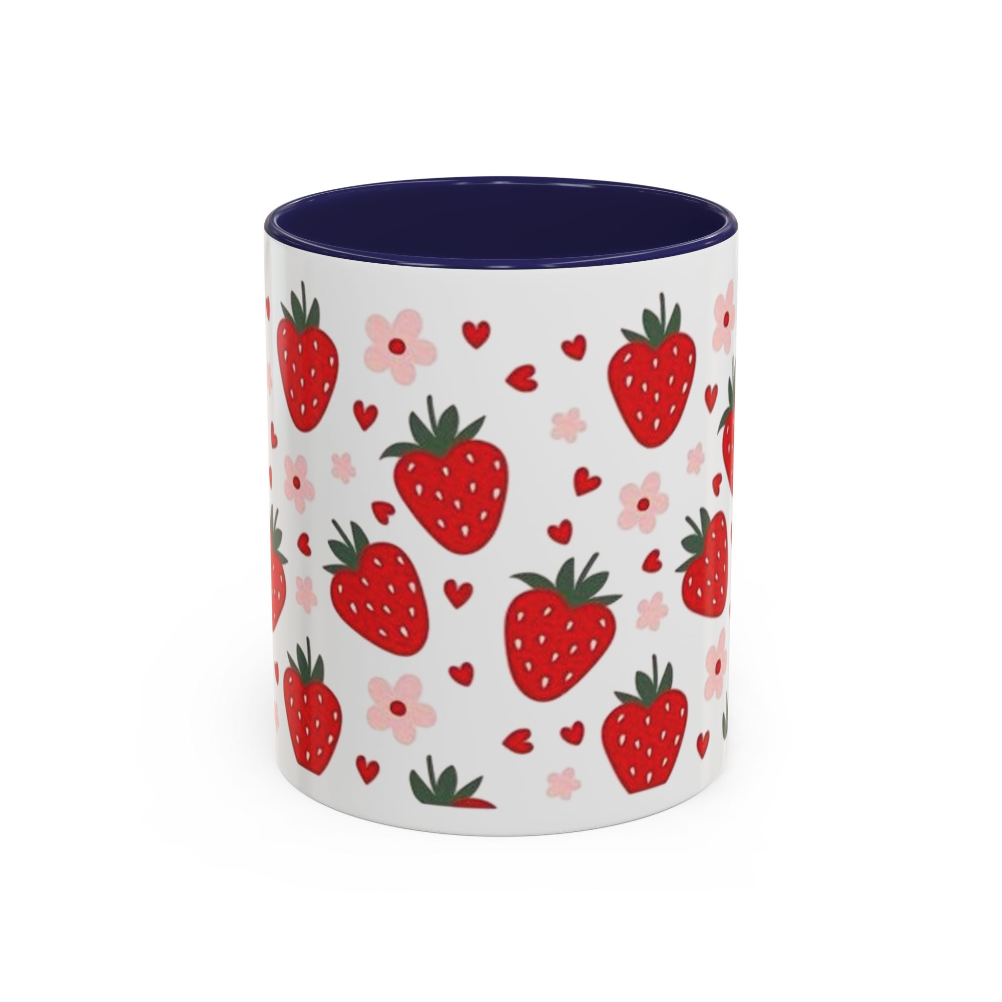 Strawberry Pattern Accent Coffee Mug — Cute Red Berries & Hearts 11/15oz