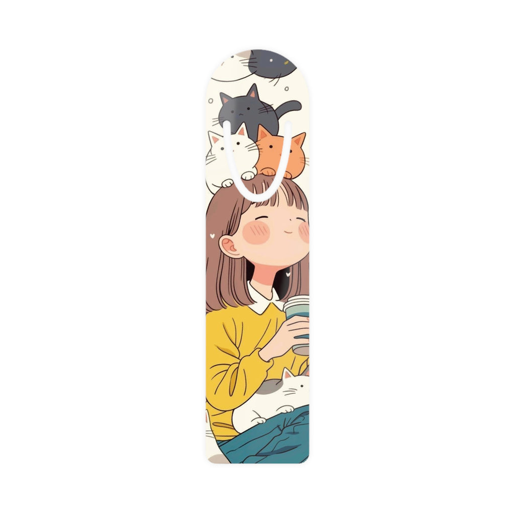 Bookmark — Cute Girl with Cats Metal Bookmark (Cozy Reading, Cat Lover Gift)