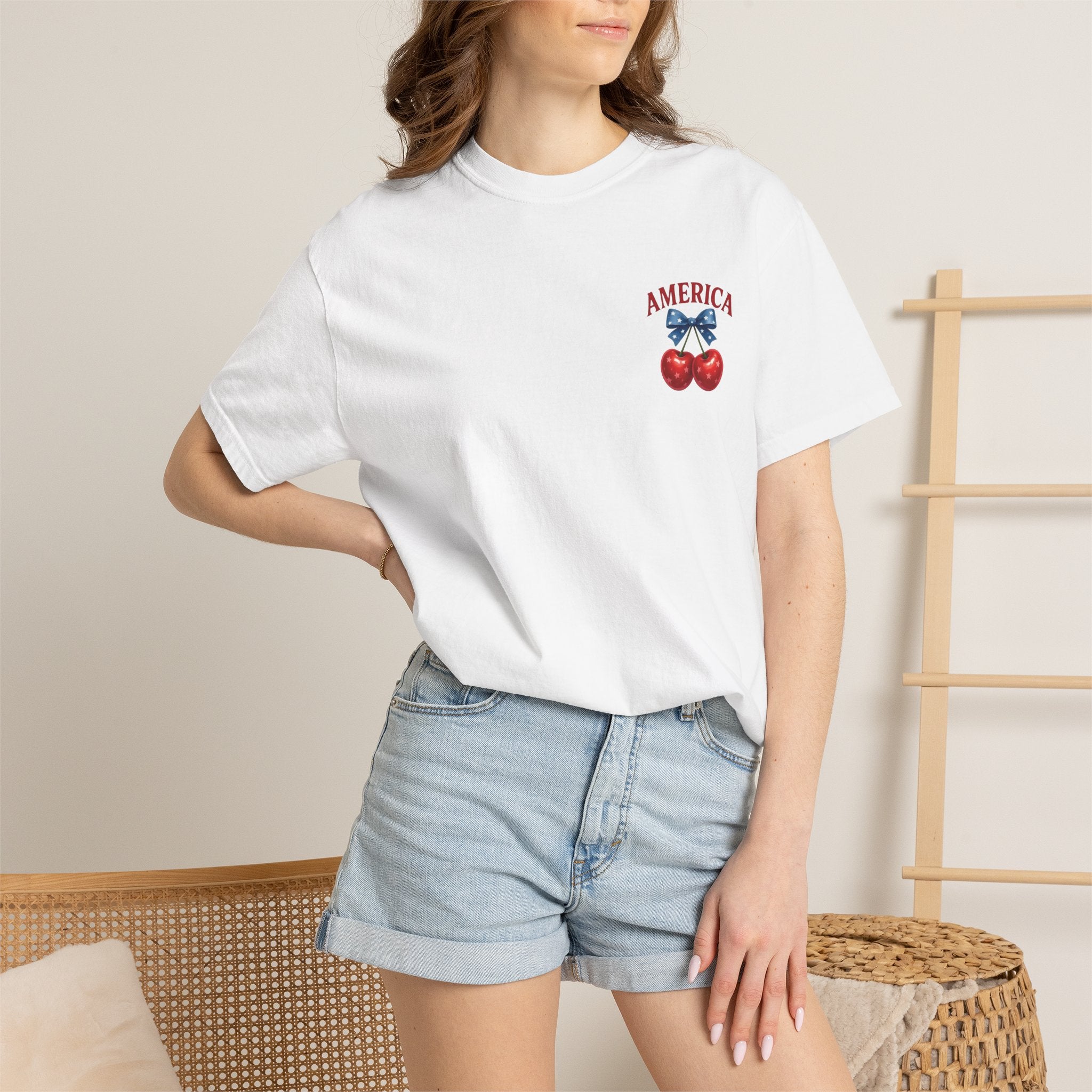 America Cherry Bow T-shirt | Patriotic Stars & Stripes Cherry Design
