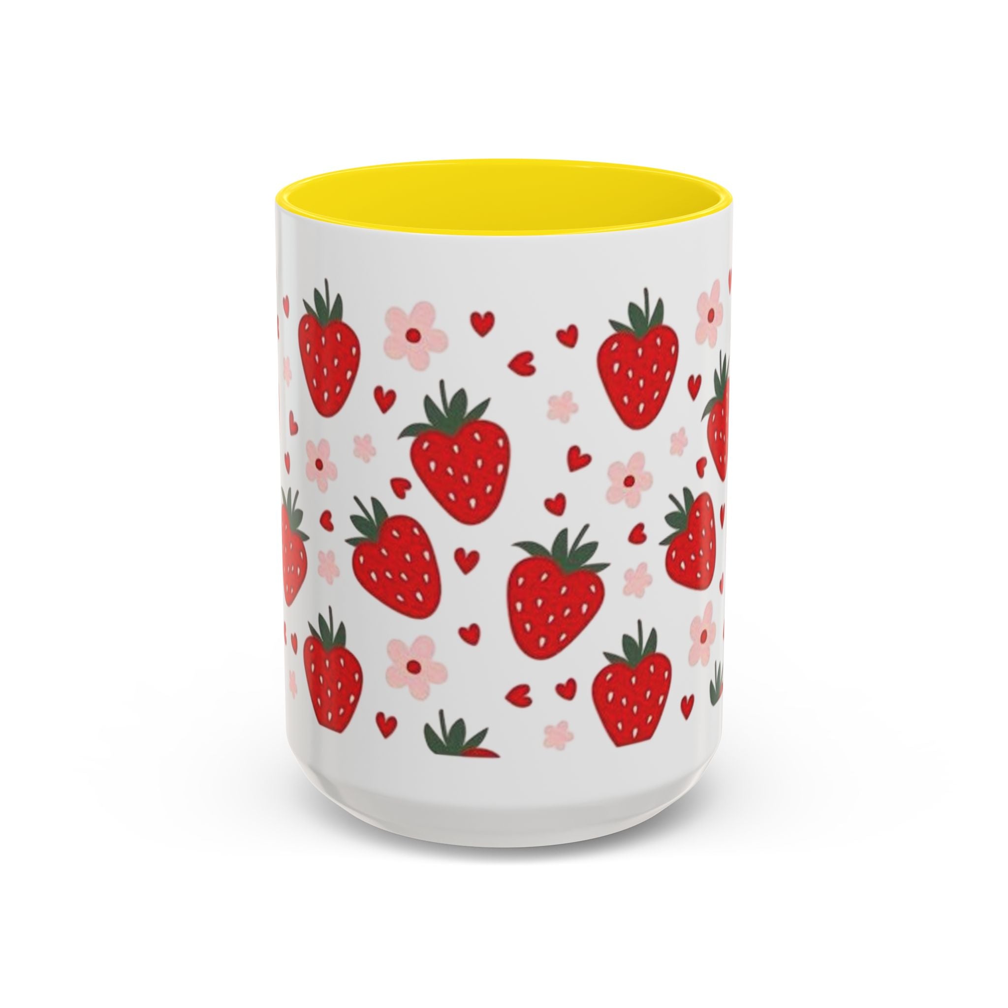 Strawberry Pattern Accent Coffee Mug — Cute Red Berries & Hearts 11/15oz