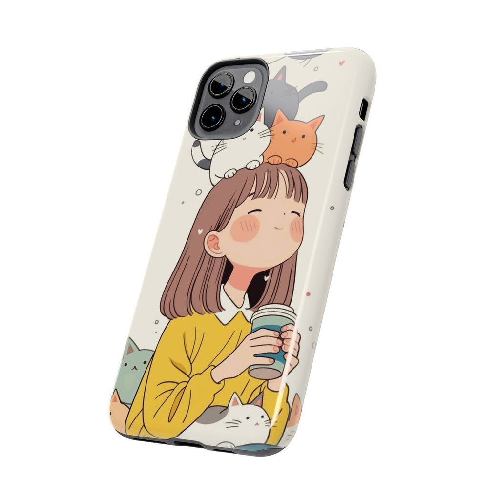Girl with Cats Phone Case | Cute Cat Stack Illustration