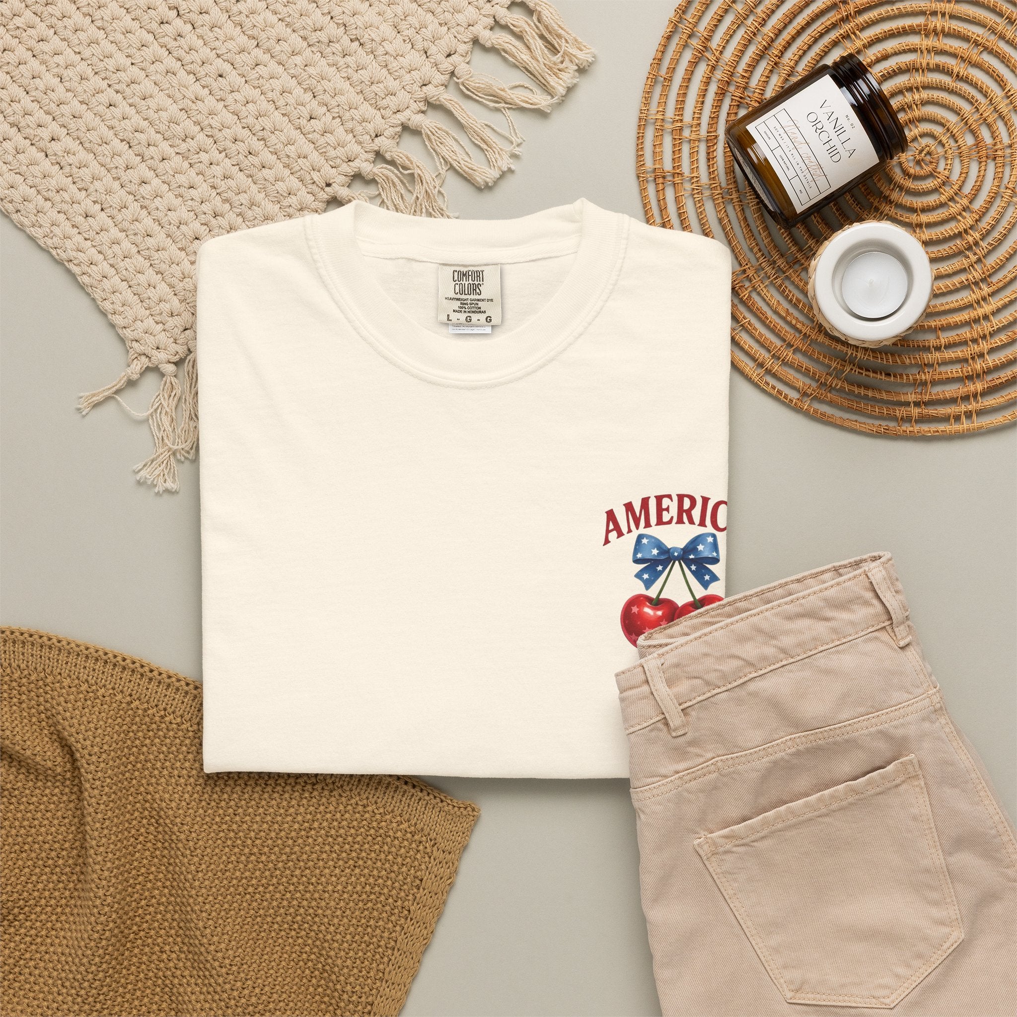 America Cherry Bow T-shirt | Patriotic Stars & Stripes Cherry Design